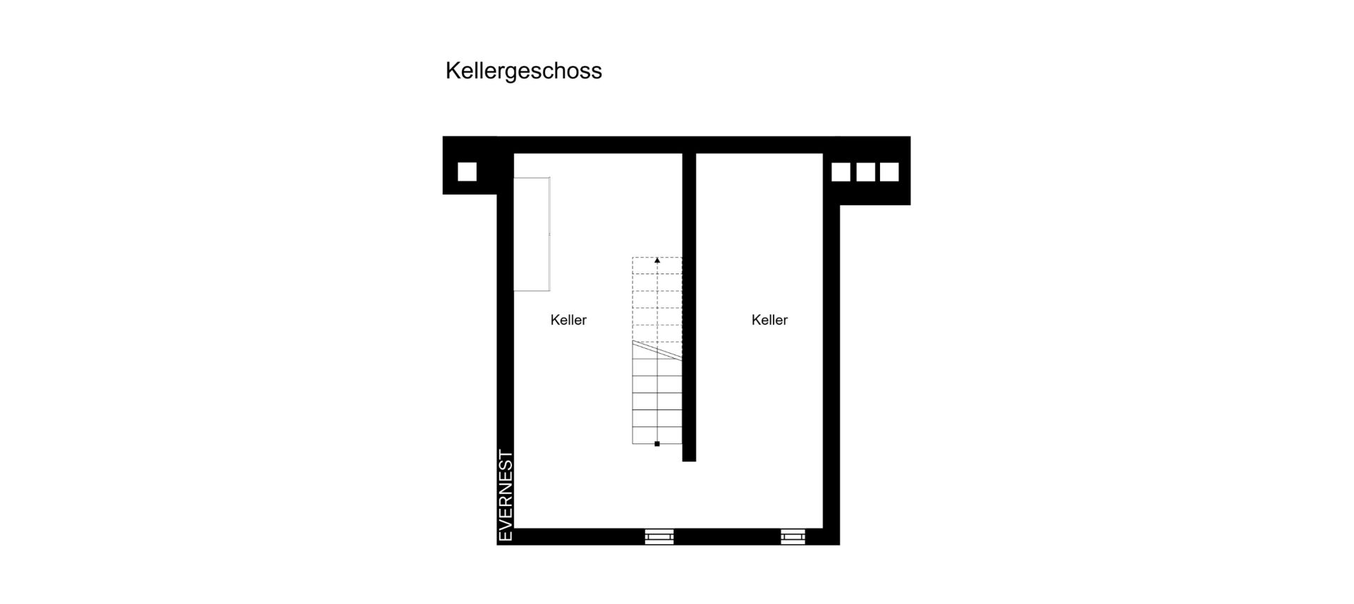 Grundriss des Kellergeschosses mit zwei Kellerräumen und einer Treppe in der Mitte.
