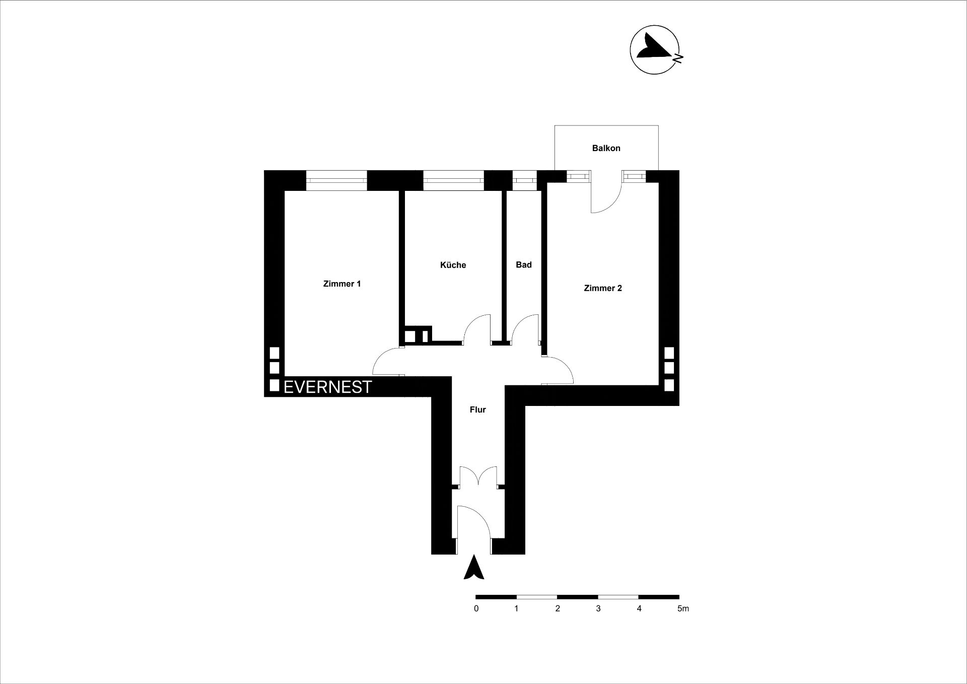 Grundriss einer Wohnung mit zwei Zimmern, Küche, Bad, Flur und Balkon.