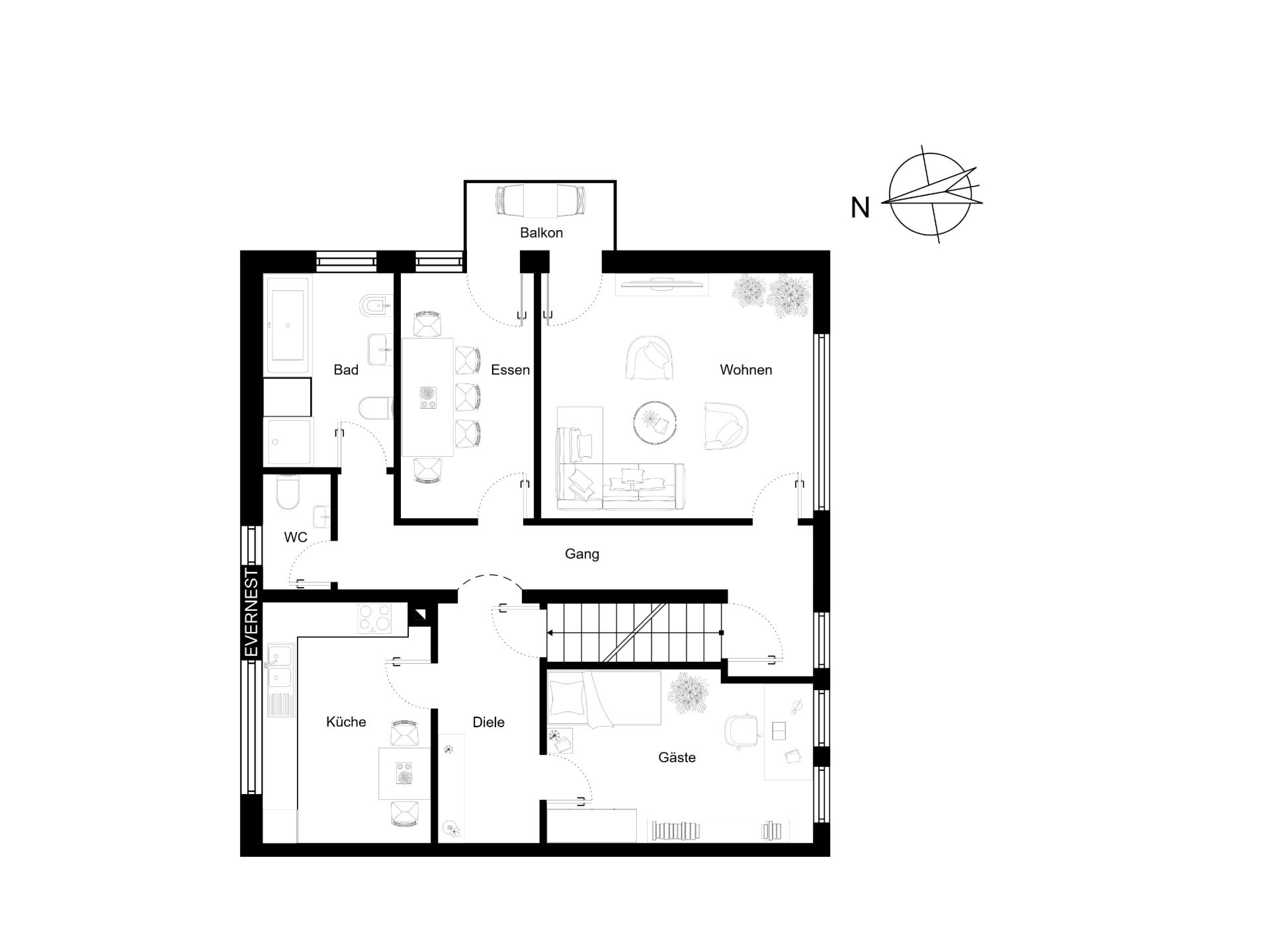 Grundriss einer Wohnung mit Küche, Bad, Gästezimmer, Wohnzimmer, Essbereich und Balkon.