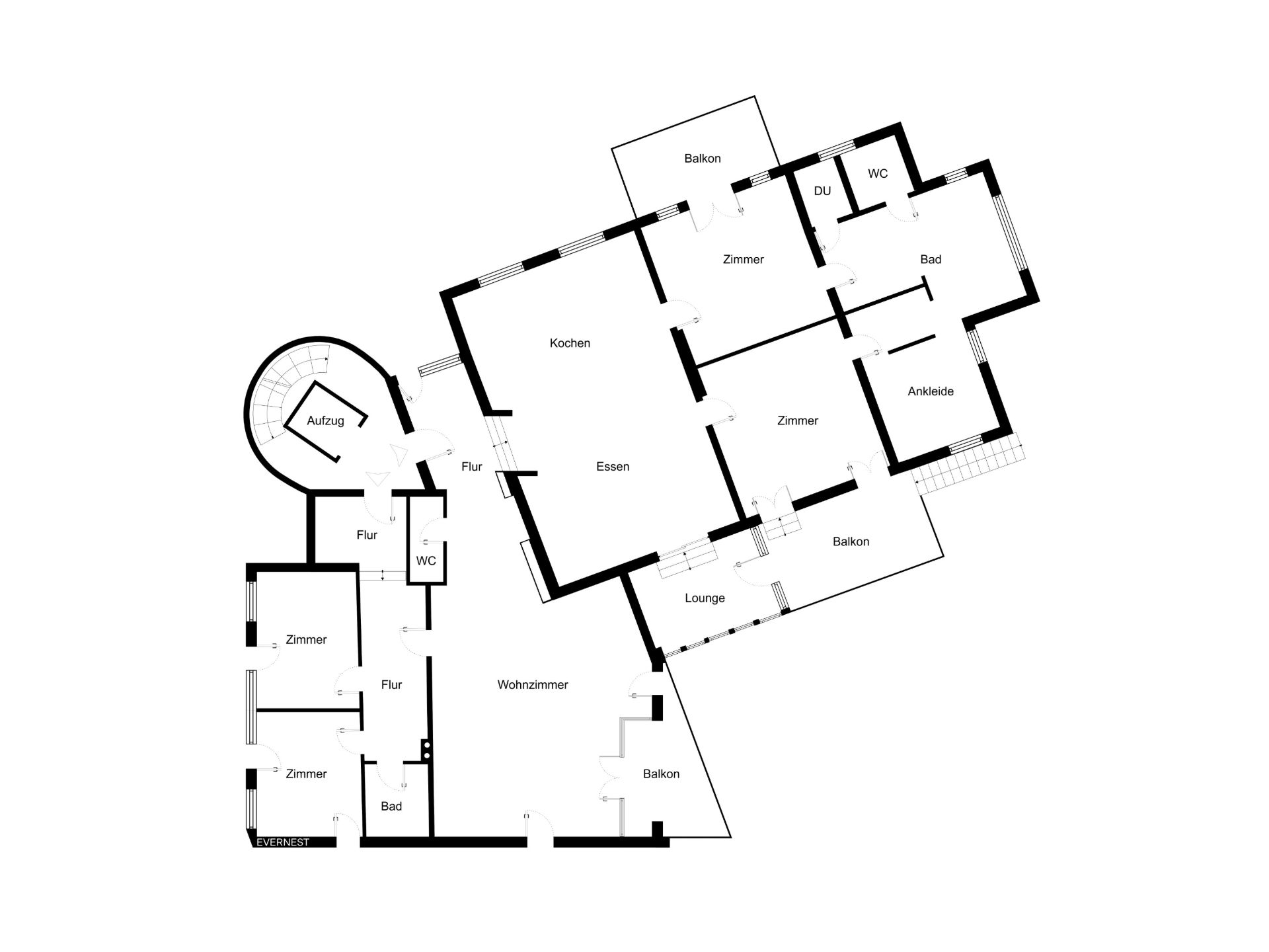 Grundriss einer Wohnung mit mehreren Zimmern, Bädern, Küche, Wohnzimmer, Balkonen und Aufzug.