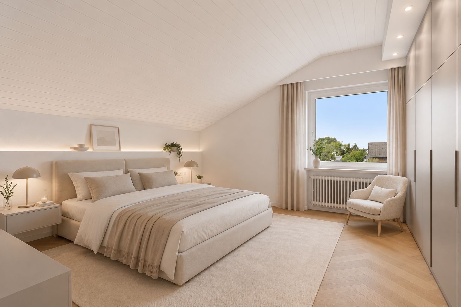 Modernes Schlafzimmer mit Doppelbett, Sessel, großem Fenster, Einbauschrank und heller Einrichtung.