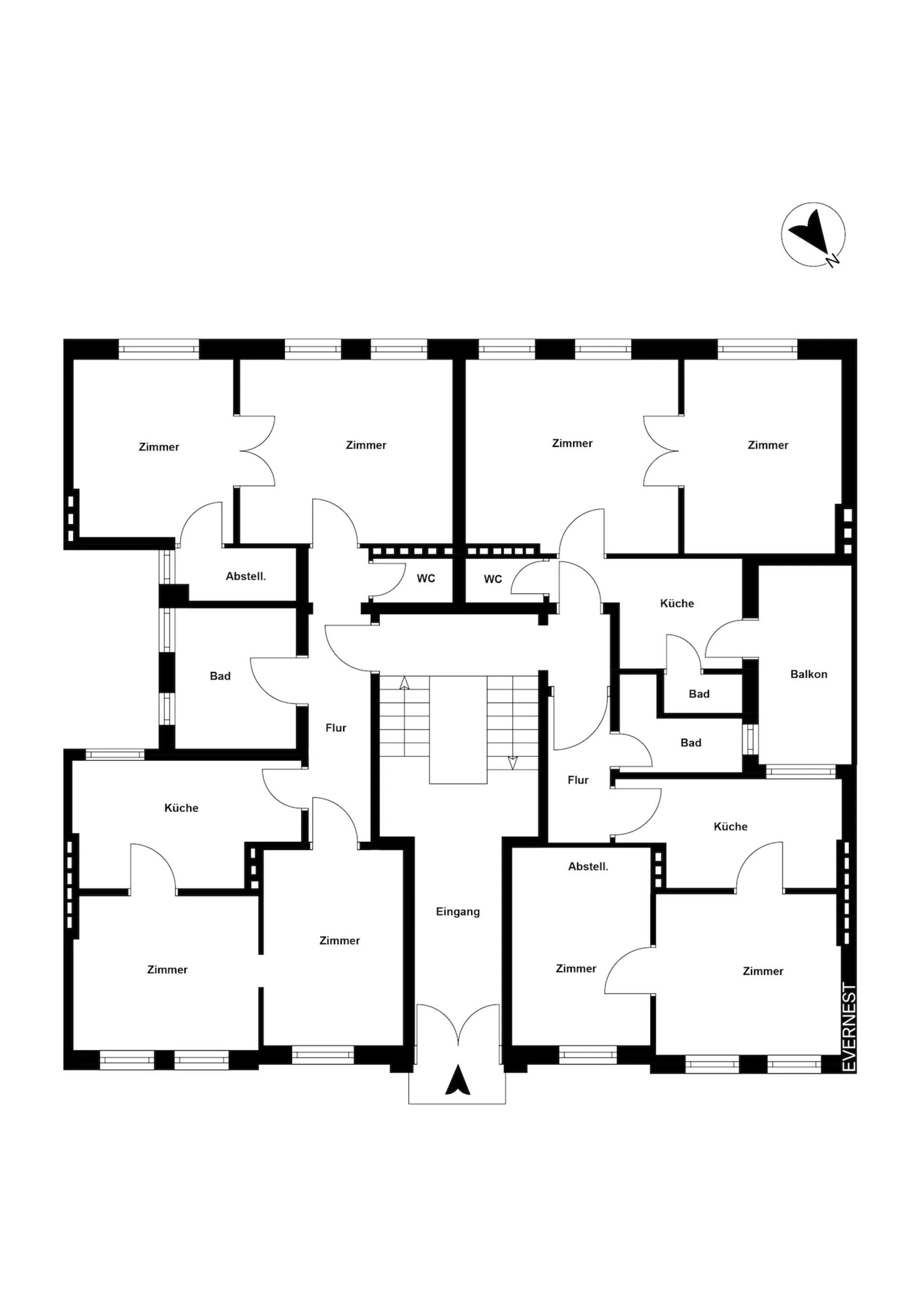 Grundriss eines Wohngebäudes mit mehreren Zimmern, Küchen, Bädern und Fluren.