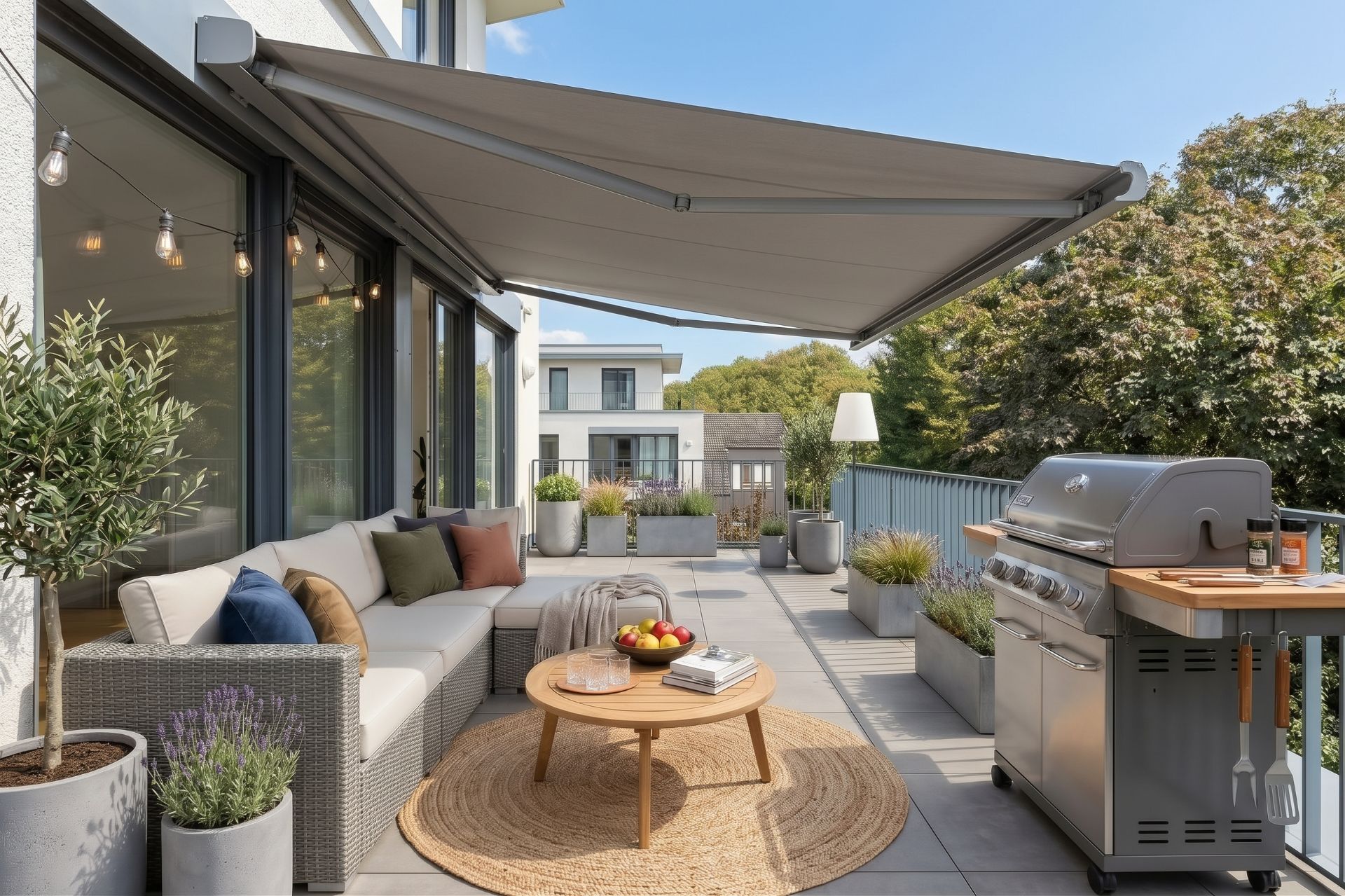 Moderne Terrasse mit Sofa, Grill, Couchtisch, Pflanzen und Markise an einem Wohnhaus.