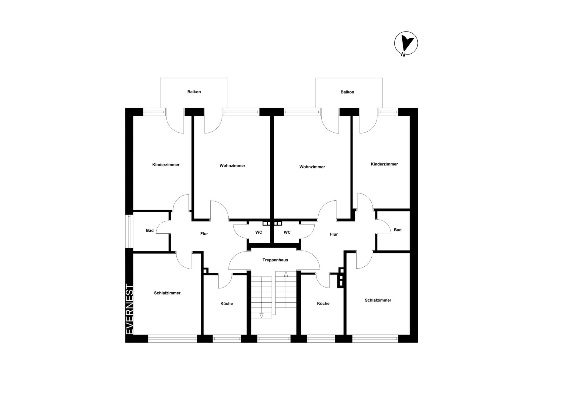 Grundriss einer Wohnung mit Schlafzimmer, Wohnzimmer, Küche, Bad, WC und Balkon.