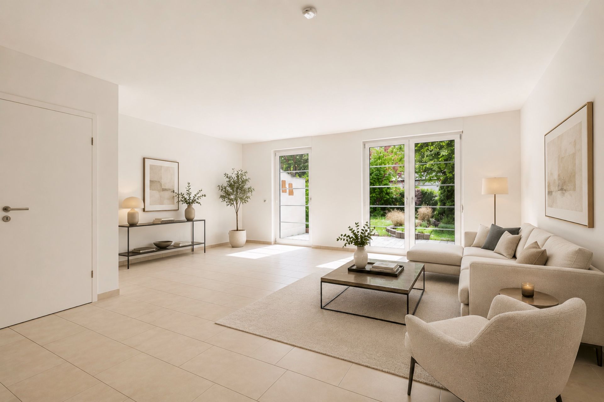 Helles Wohnzimmer mit Sofa, Sessel, Couchtisch und großen Fenstern zum Garten.