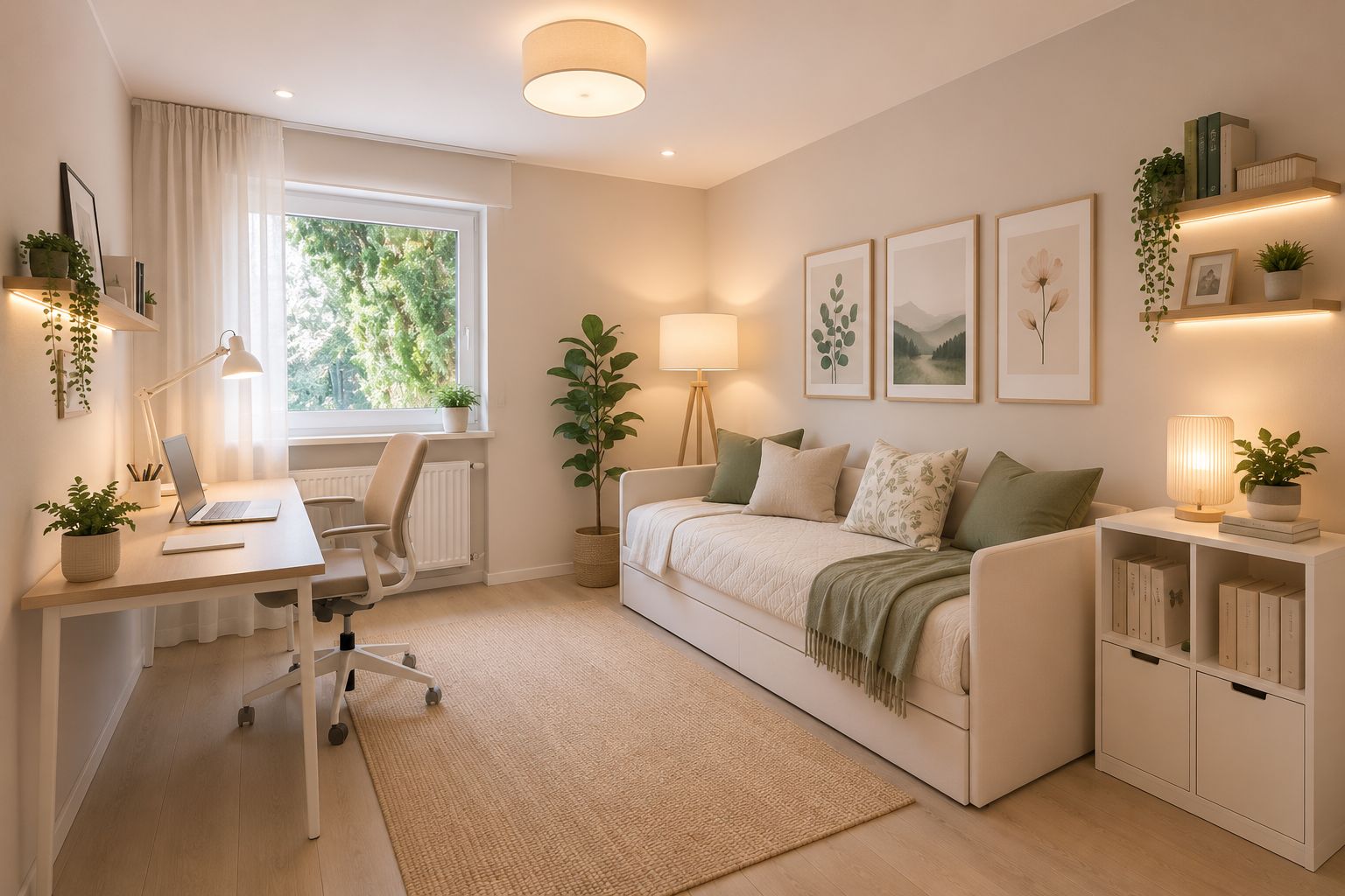 Helles Zimmer mit Schreibtisch, Bett, Regalen, Pflanzen und großem Fenster.