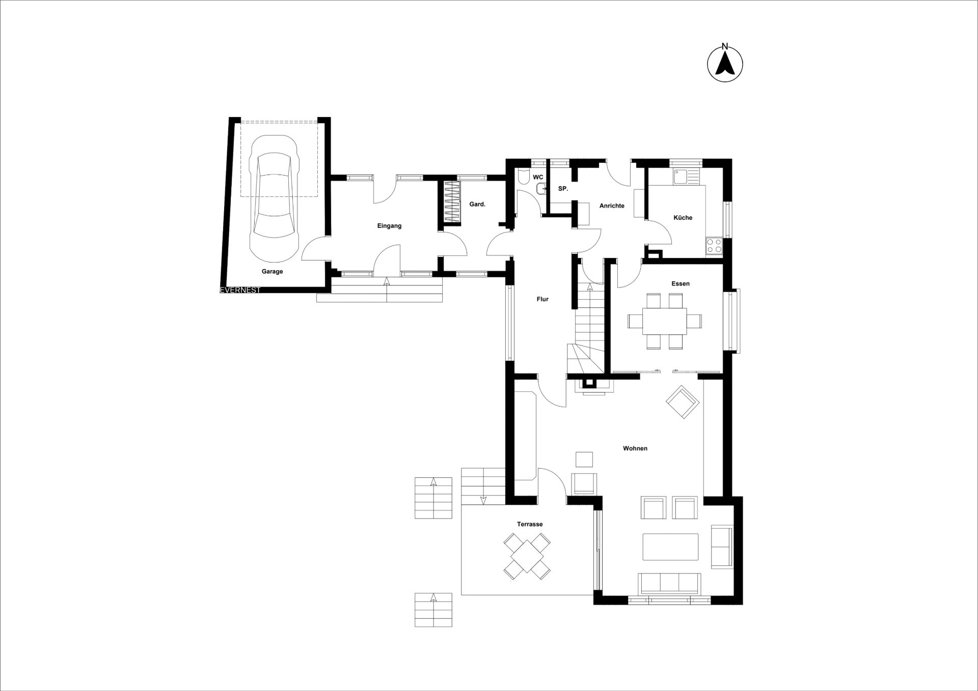 Grundriss eines Hauses mit Garage, Wohnzimmer, Küche, Essbereich und Terrasse.