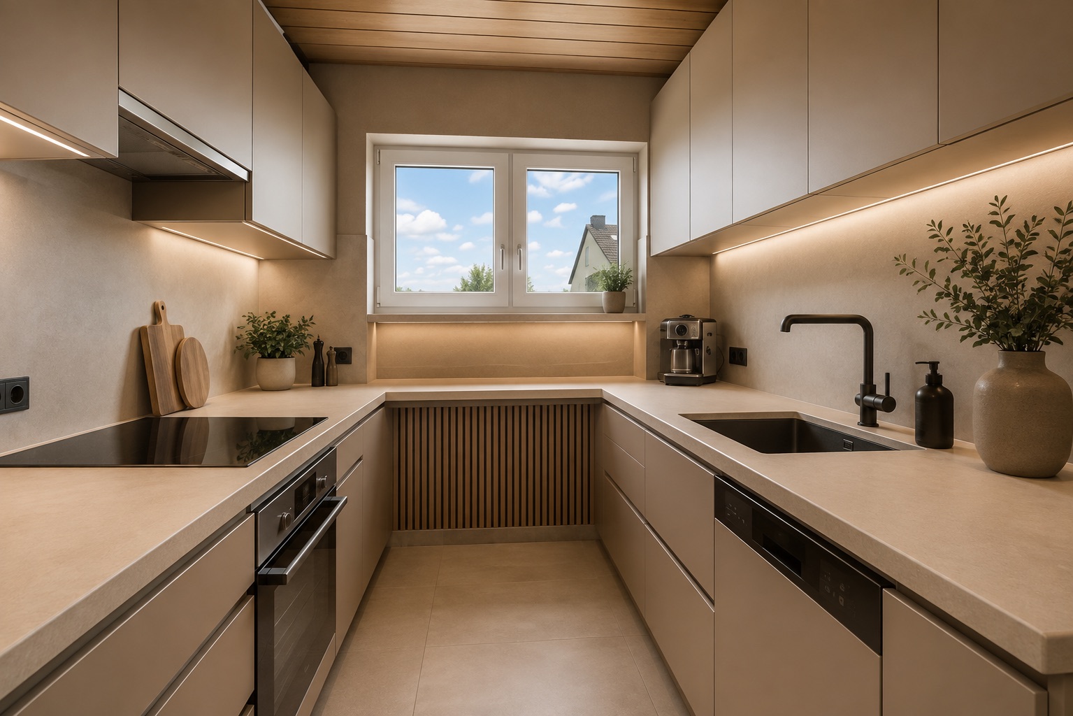 Moderne Küche mit hellen Schränken, Fenster, Induktionsherd, Spüle und Pflanzen auf der Arbeitsfläche.