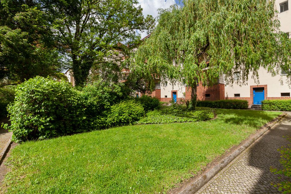 Grüner Garten mit Rasen, Bäumen, Sträuchern und Gehweg neben einem Wohngebäude mit blauen Türen.