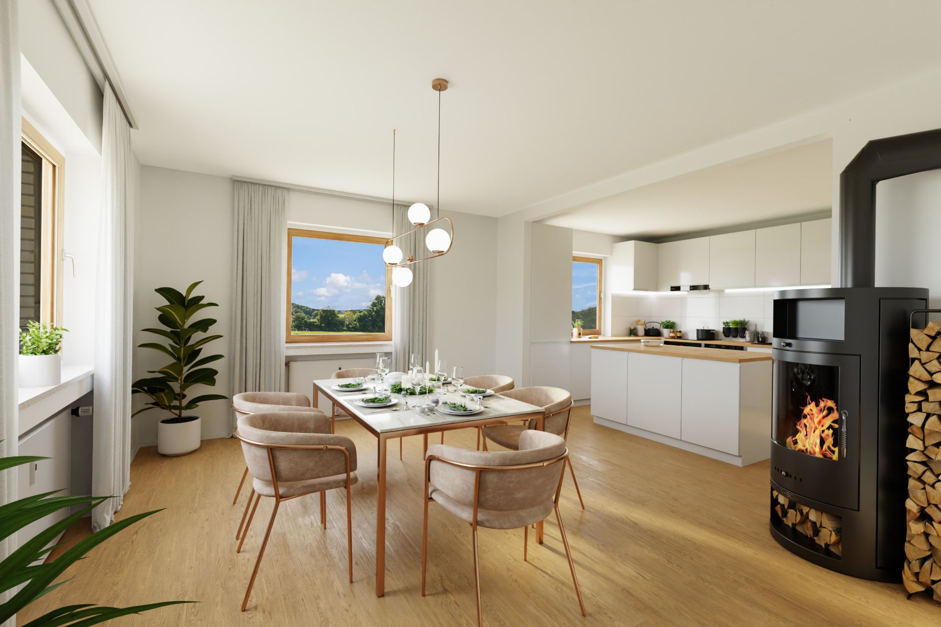 Helles Esszimmer mit Tisch, sechs Stühlen, Kaminofen und moderner, offener Küche im Hintergrund.