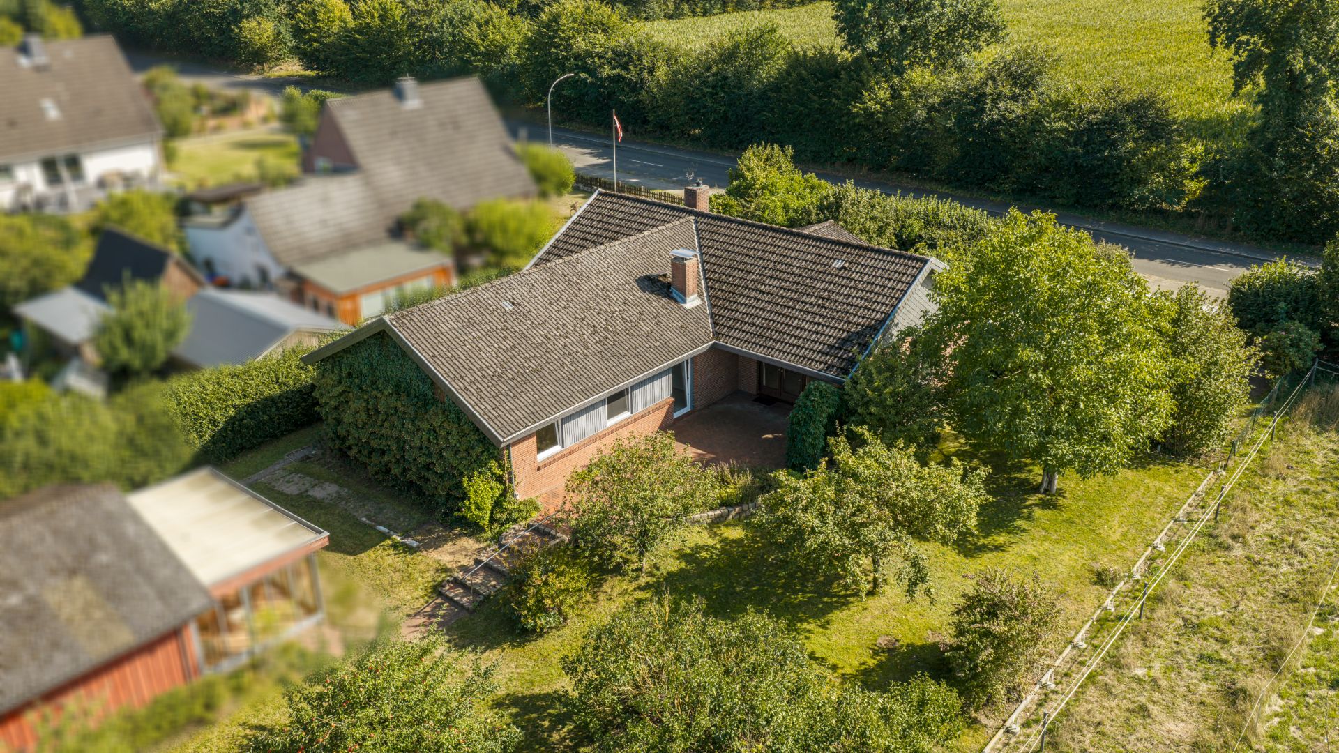 Luftaufnahme eines Einfamilienhauses mit Garten und Bäumen in einer Wohngegend.