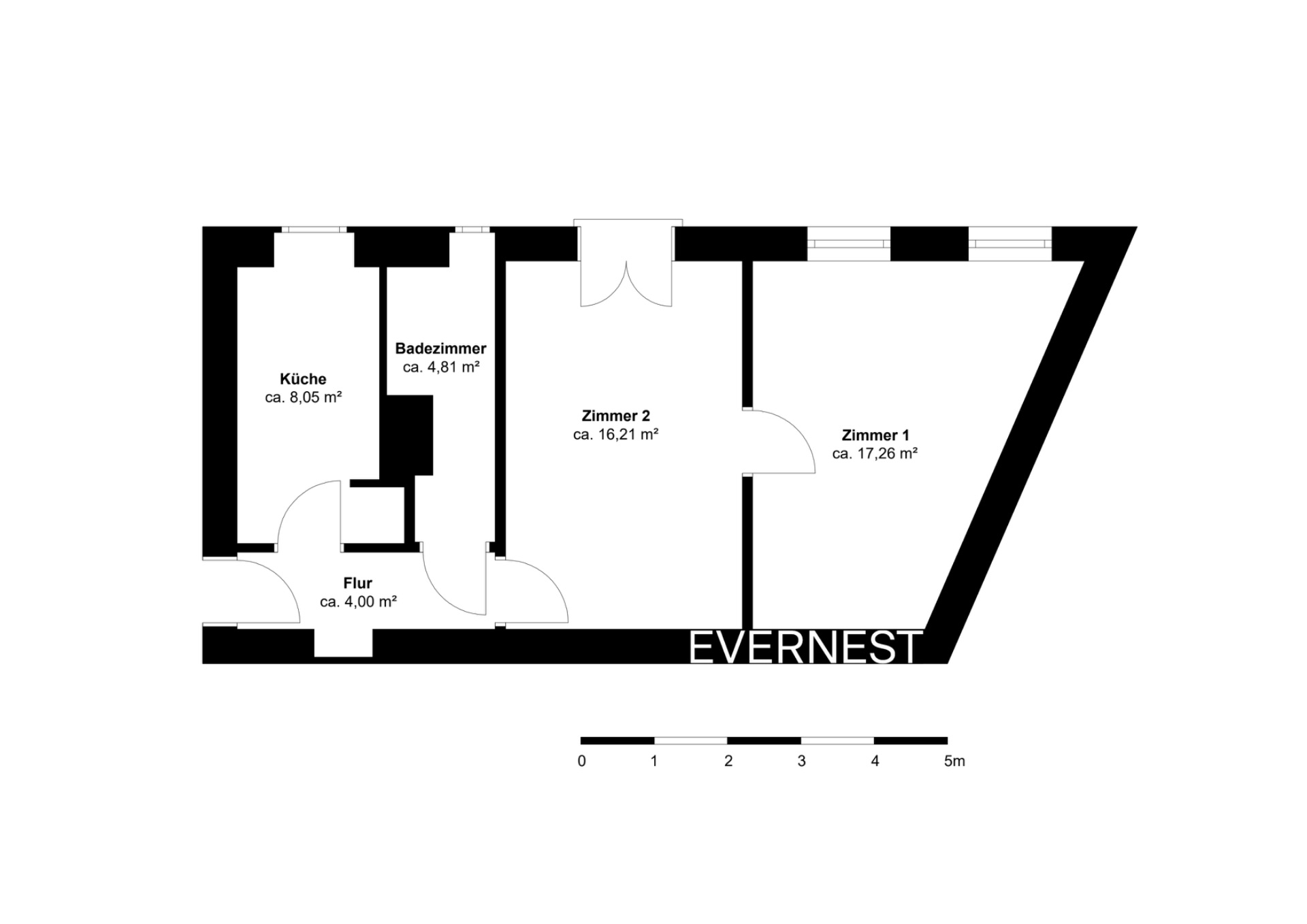 Grundriss einer Wohnung mit Küche, Badezimmer, Flur und zwei Zimmern.