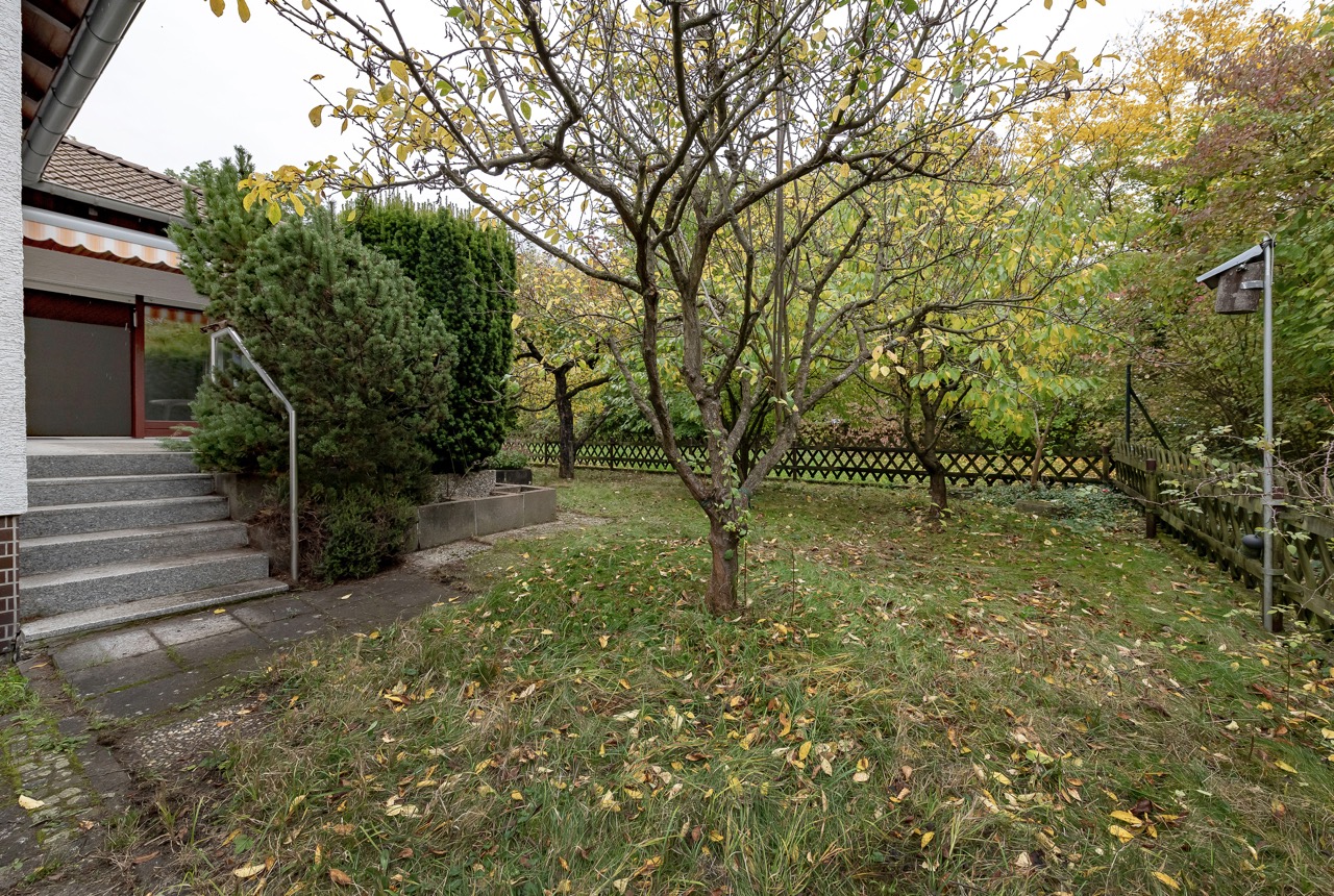 Garten mit Rasen, Bäumen, Sträuchern, Holzzaun und einer Steintreppe zum Hauseingang.