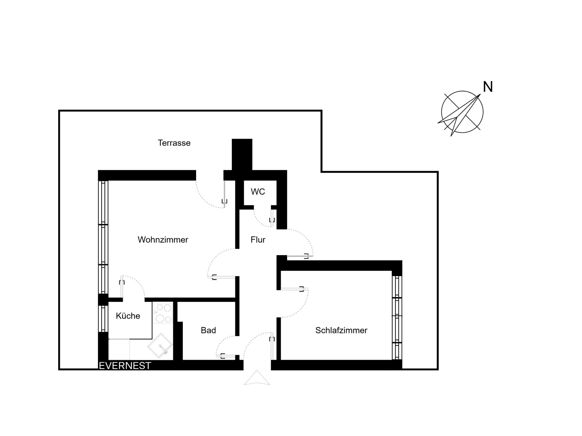 Grundriss einer Wohnung mit Wohnzimmer, Schlafzimmer, Küche, Bad, WC, Flur und Terrasse.