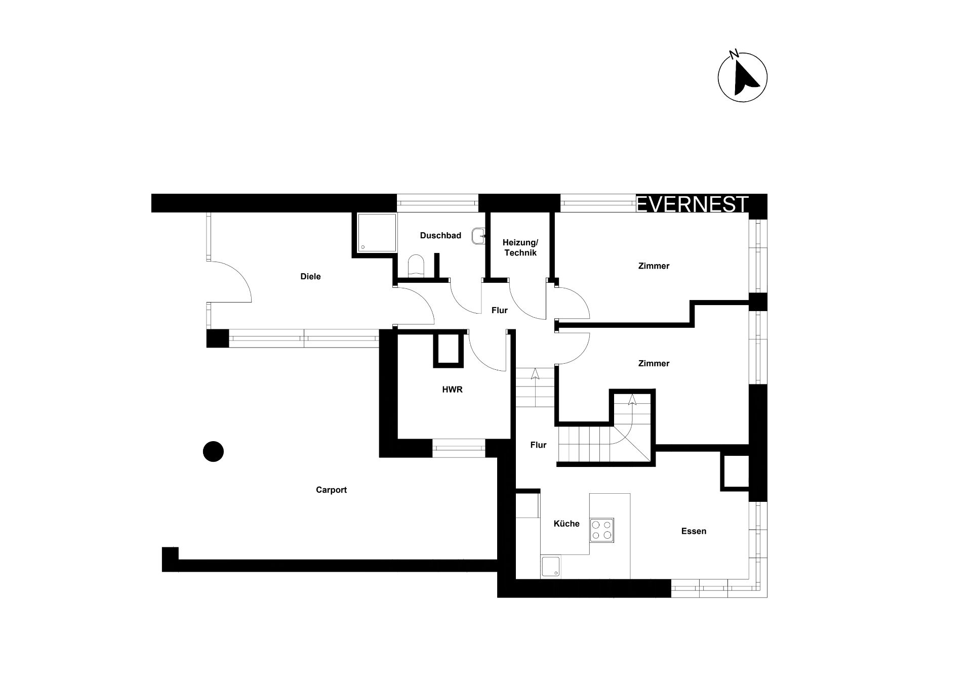 Grundriss eines Wohnhauses mit Carport, Küche, Essbereich, Zimmern und Bädern.