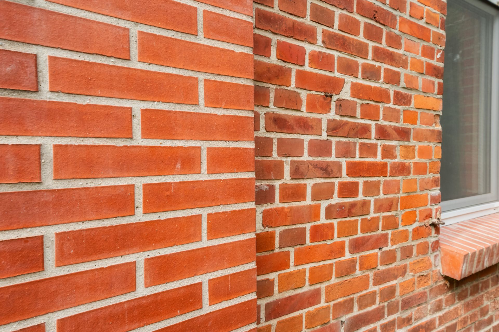 Nahaufnahme zweier unterschiedlicher Backsteinmuster an einer Hauswand mit Fenster.
