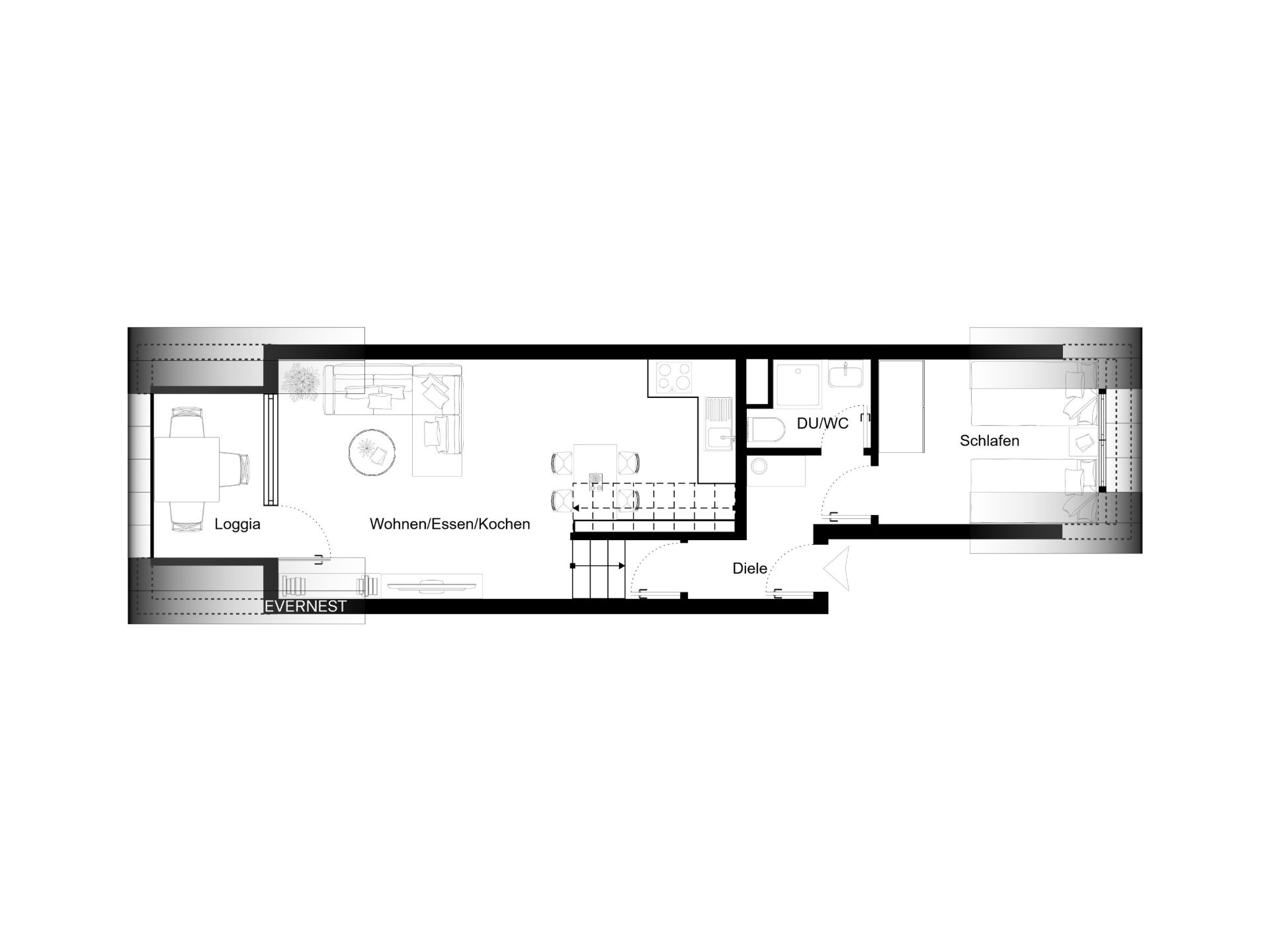 Grundriss einer Wohnung mit Loggia, Wohn-/Esszimmer, Küche, Bad und Schlafzimmer.