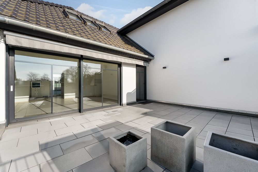 Moderne Terrasse mit großen Fenstern und leeren quadratischen Pflanzkübeln.