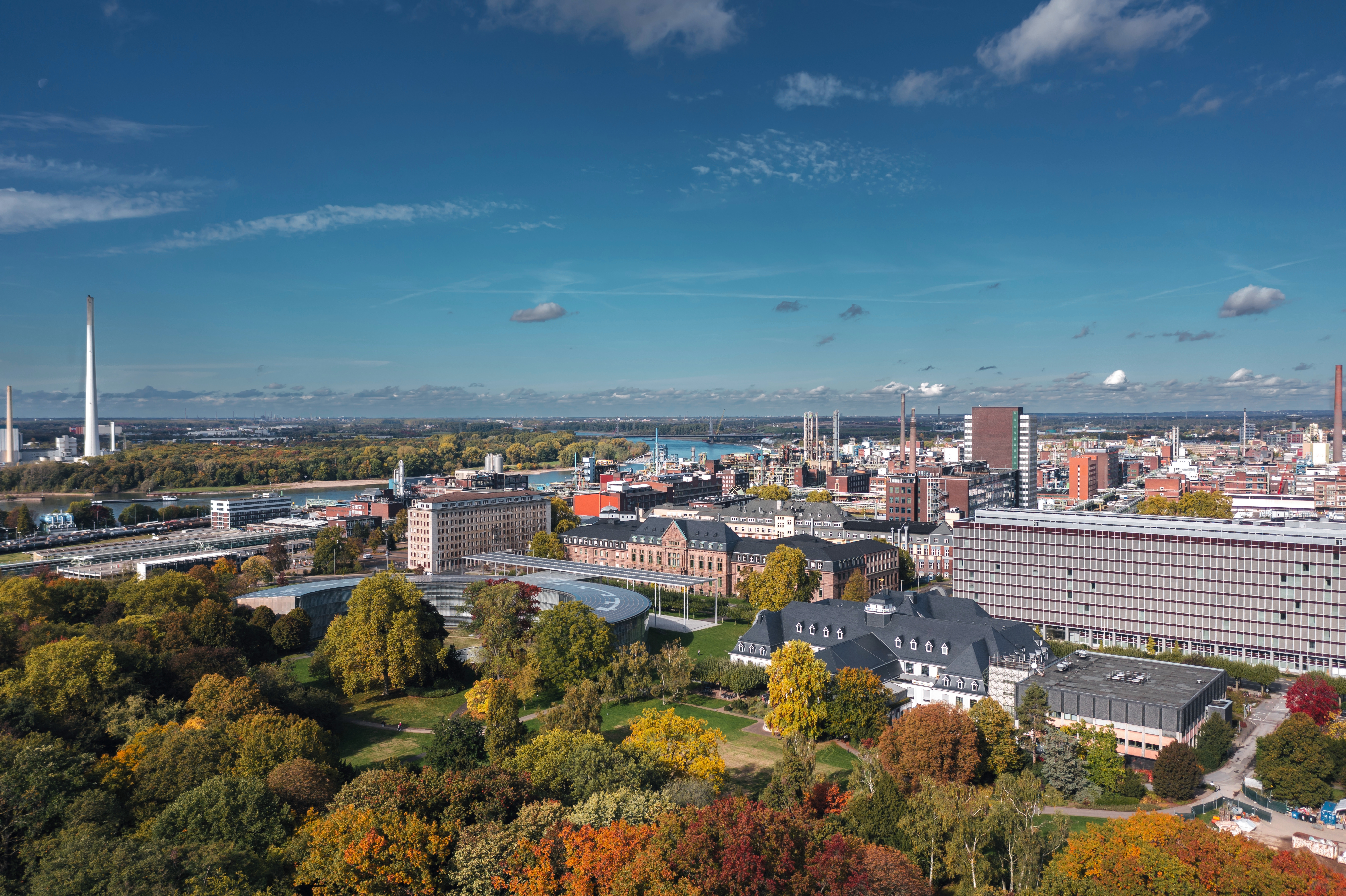 Stadtansicht mit Grünflächen, modernen und historischen Gebäuden unter blauem Himmel.