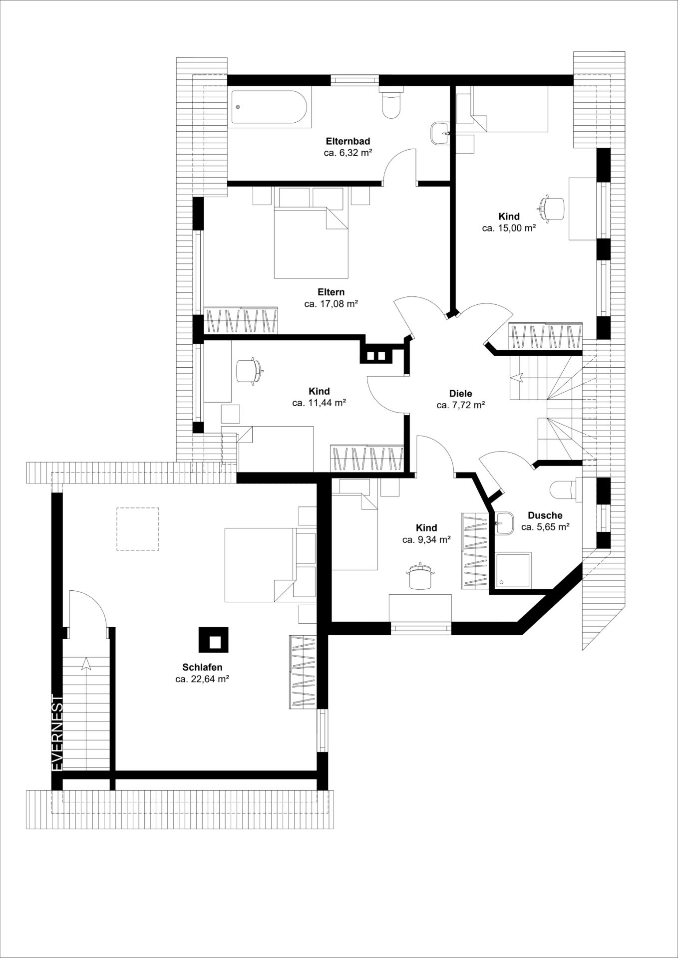 Grundriss einer Wohnung mit mehreren Schlafzimmern, zwei Bädern und einem Flur.