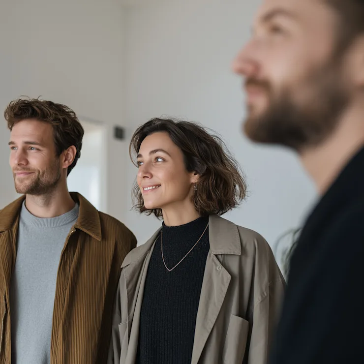 Drei Personen stehen in einem hellen Raum mit großen Fenstern und schauen sich um.