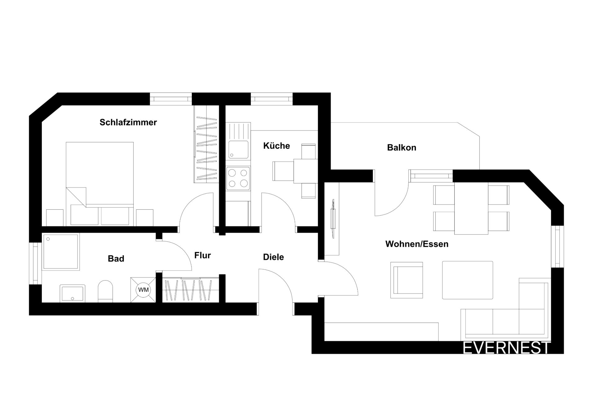 Grundriss einer Wohnung mit Schlafzimmer, Bad, Küche, Wohnzimmer und Balkon.