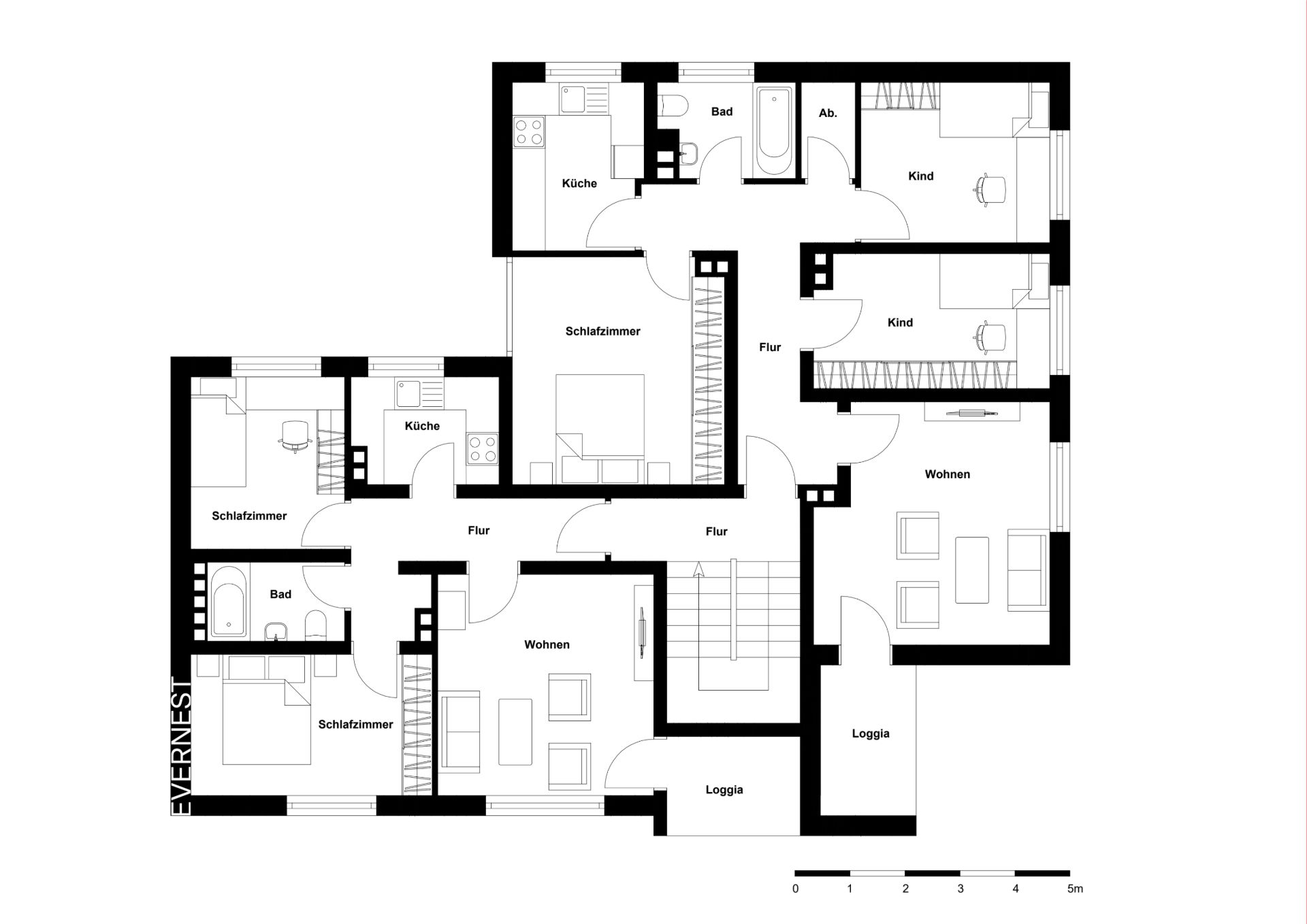 Grundriss einer Wohnung mit Schlafzimmern, Wohnzimmern, Küchen, Bädern und Loggien.