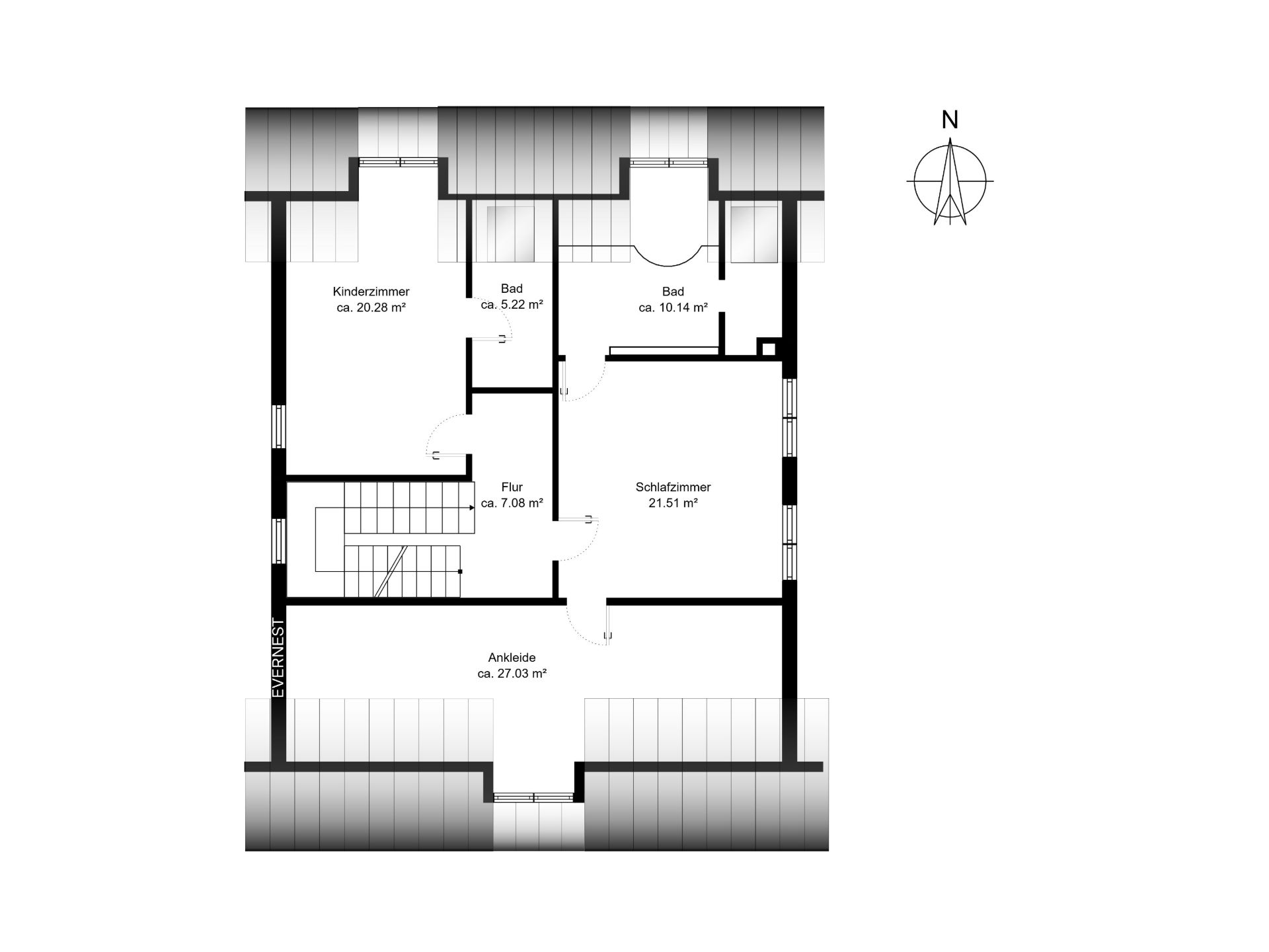 Grundriss einer Wohnetage mit Kinderzimmer, Schlafzimmer, Ankleide, Flur und zwei Bädern.