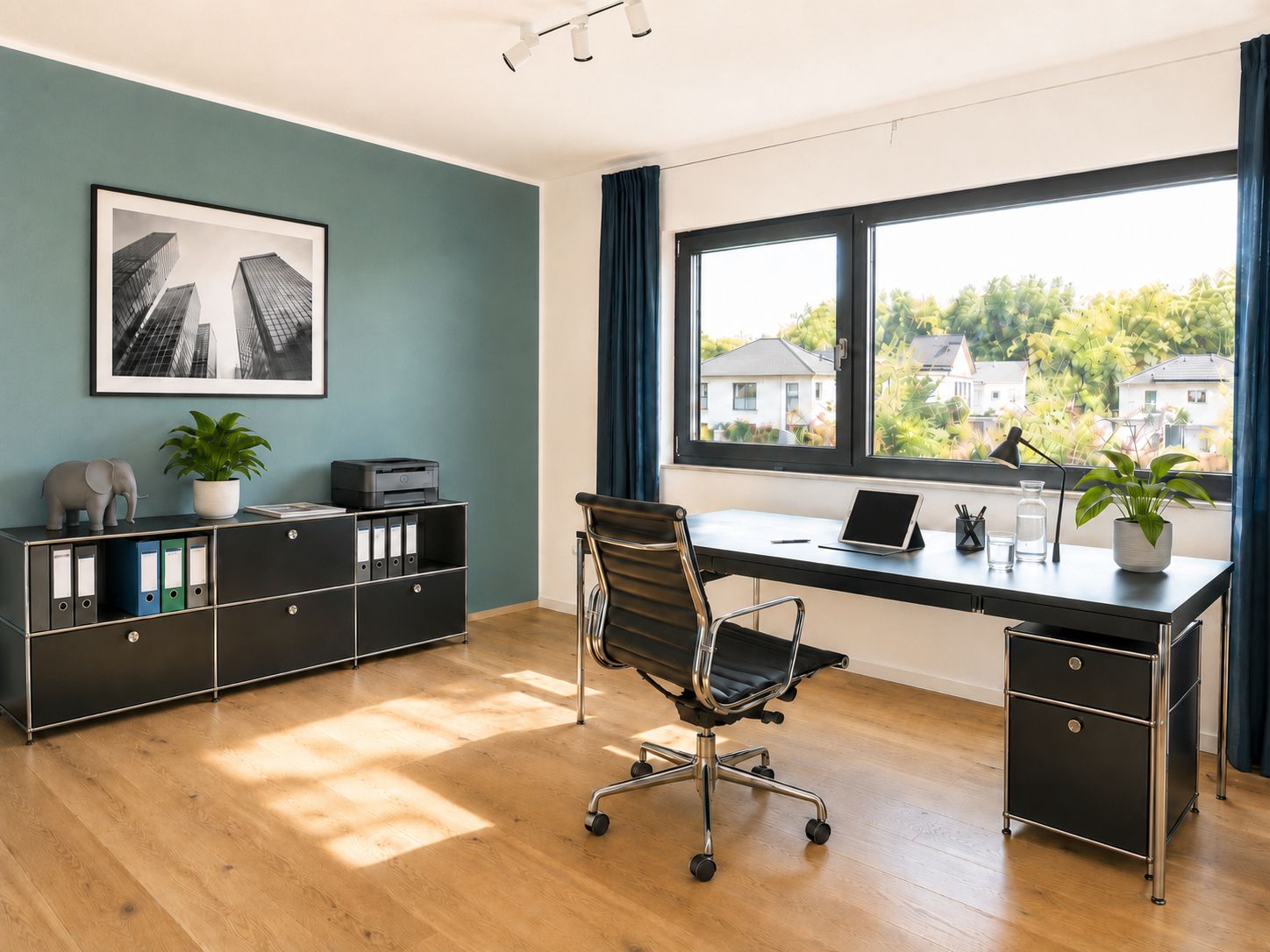 Modernes Homeoffice mit großem Fenster, Schreibtisch, Stuhl und Regal mit Ordnern.