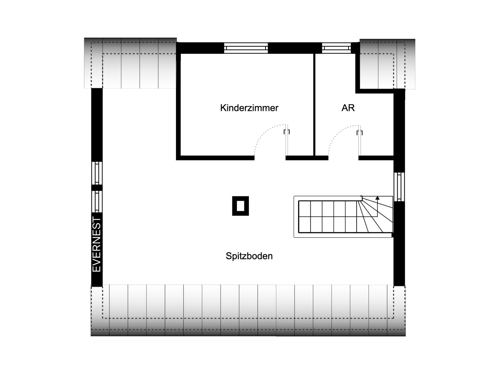 Grundriss mit Kinderzimmer, Abstellraum und Spitzboden. Treppe rechts unten.