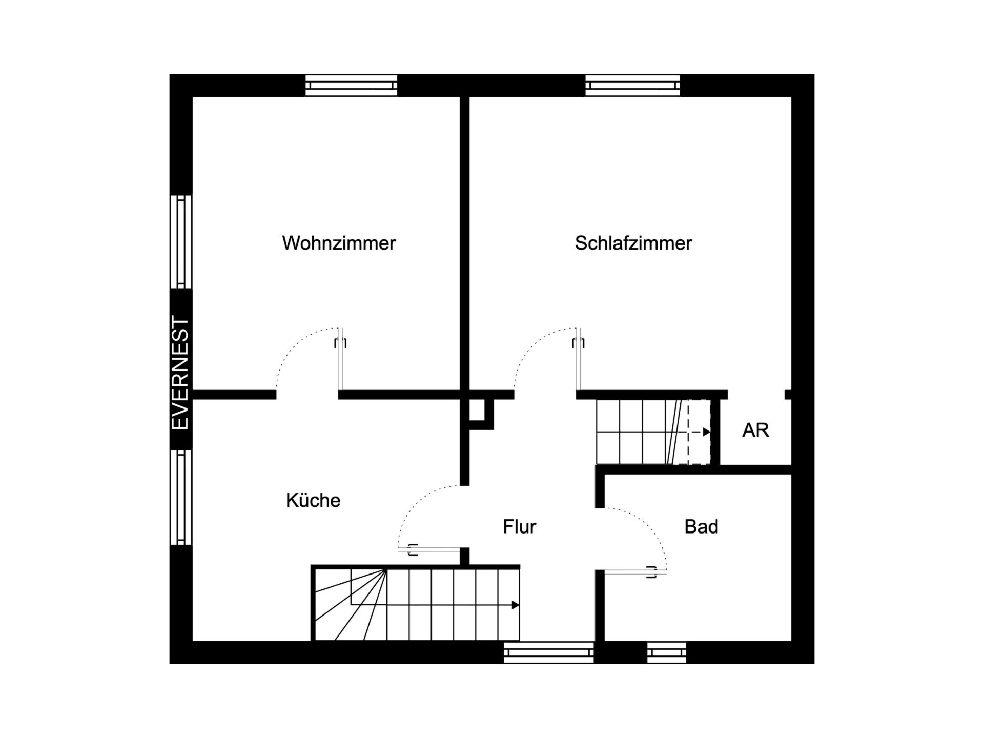 Grundriss einer Wohnung mit Wohnzimmer, Schlafzimmer, Küche, Bad, Flur und Abstellraum.