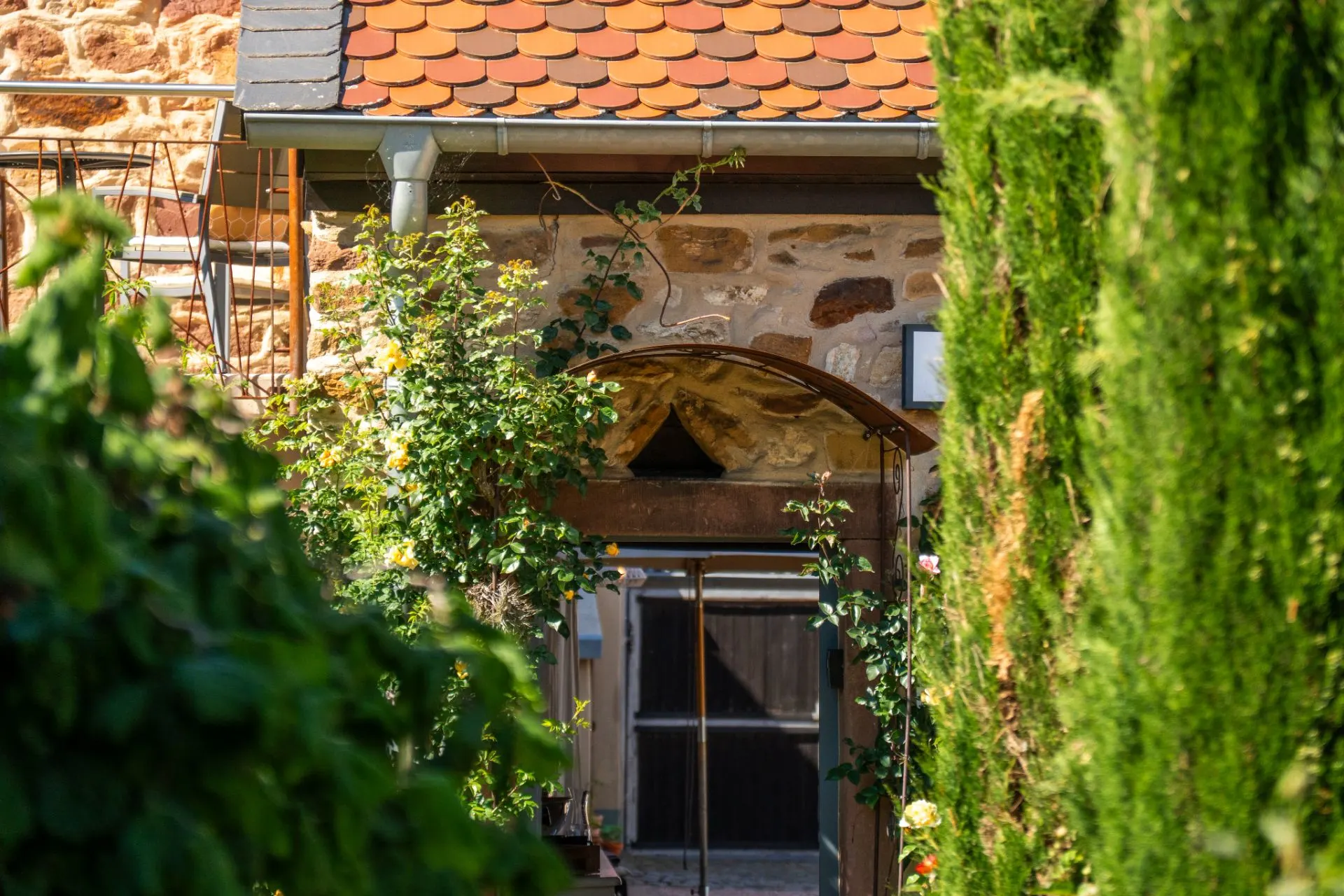 Steinhaus mit Bogenfenster, umgeben von grünen Pflanzen und Bäumen.
