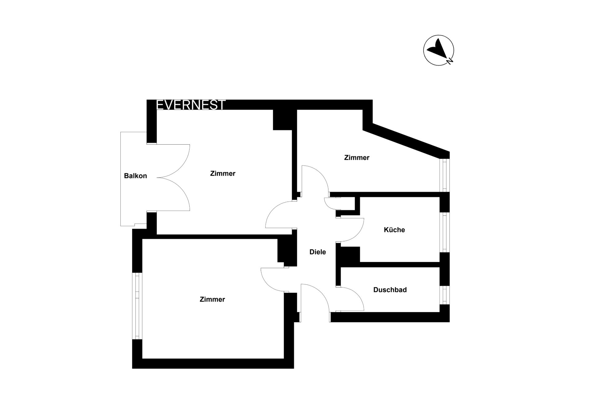 Grundriss einer Wohnung mit drei Zimmern, Küche, Duschbad, Diele und Balkon.