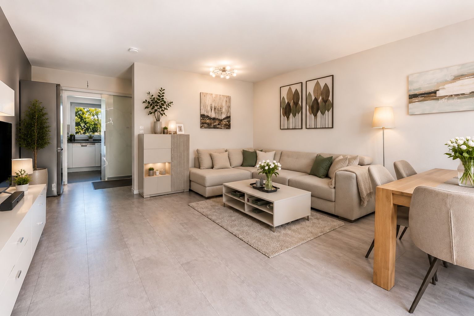Modernes Wohnzimmer mit Ecksofa, Couchtisch, Esstisch und Dekorationen.