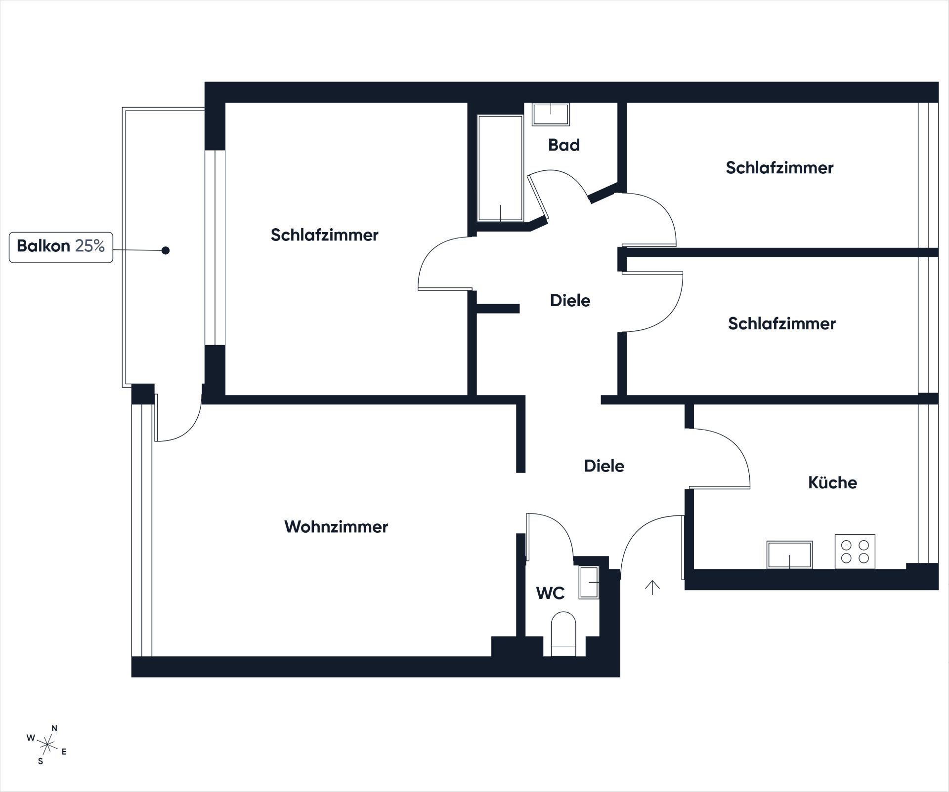 Grundriss einer Wohnung mit drei Schlafzimmern, Wohnzimmer, Küche, Bad, WC und Balkon.