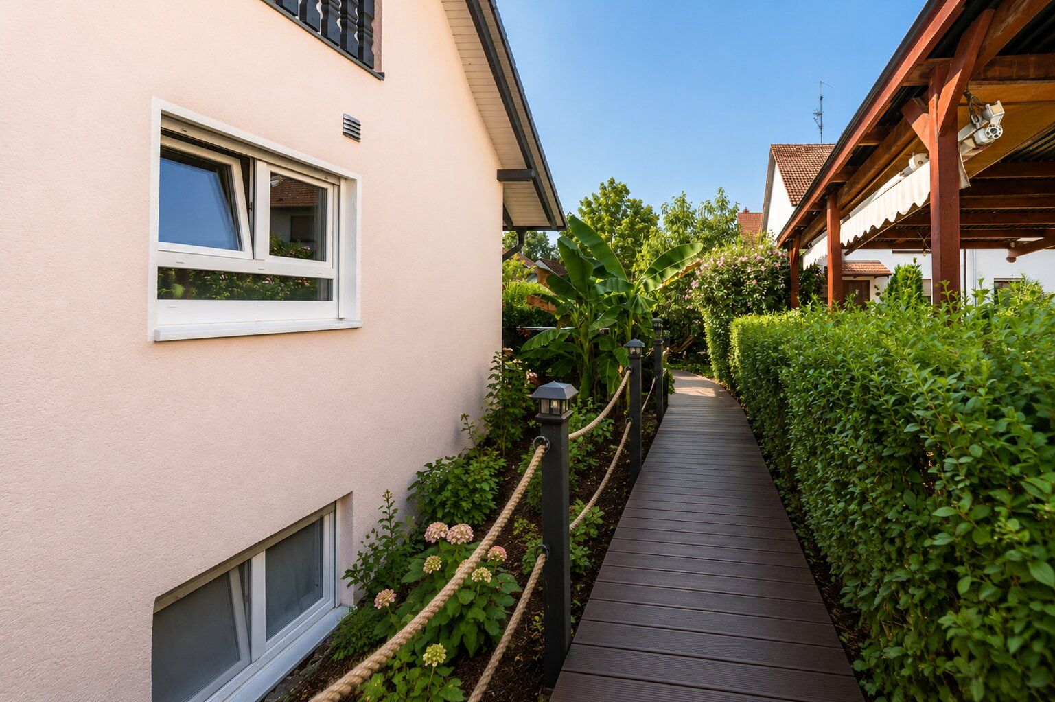 Gepflegter Weg mit Seilgeländer neben einem Haus mit rosa Fassade und Fenstern, umgeben von Hecken und Pflanzen.