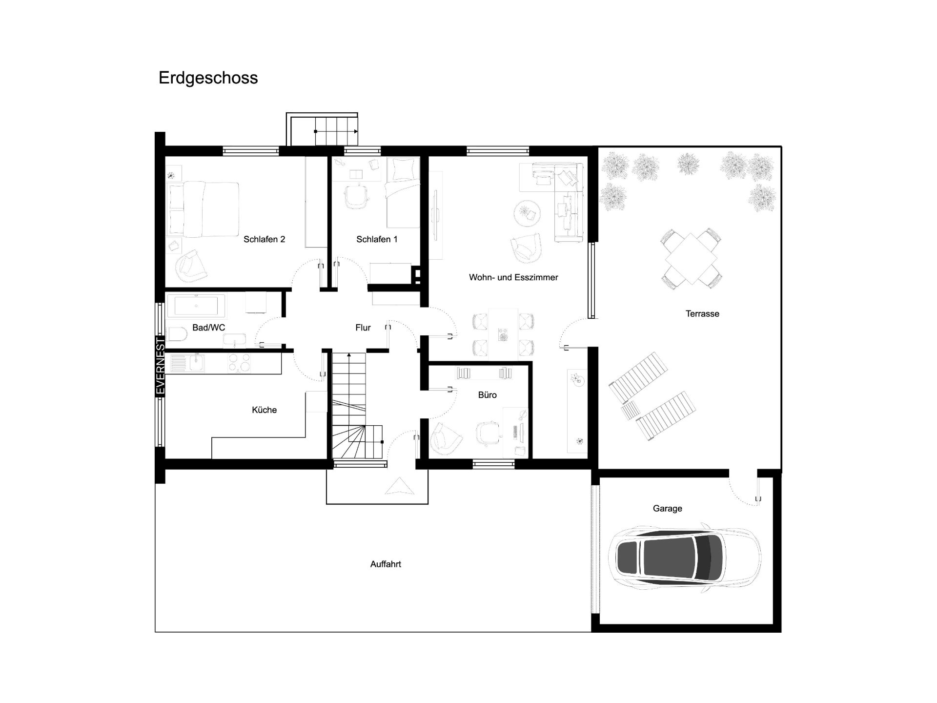 Grundriss des Erdgeschosses mit Küche, Bad, Schlafzimmern, Büro, Wohnbereich, Terrasse und Garage.