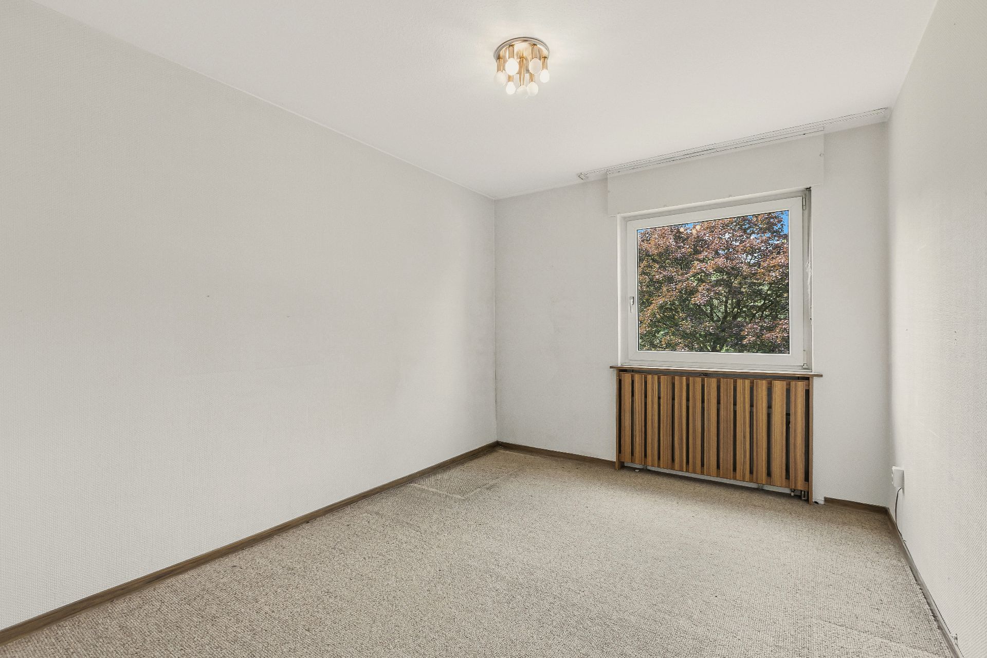 Leerer Raum mit Teppichboden, Fenster und Heizkörperverkleidung aus Holz.