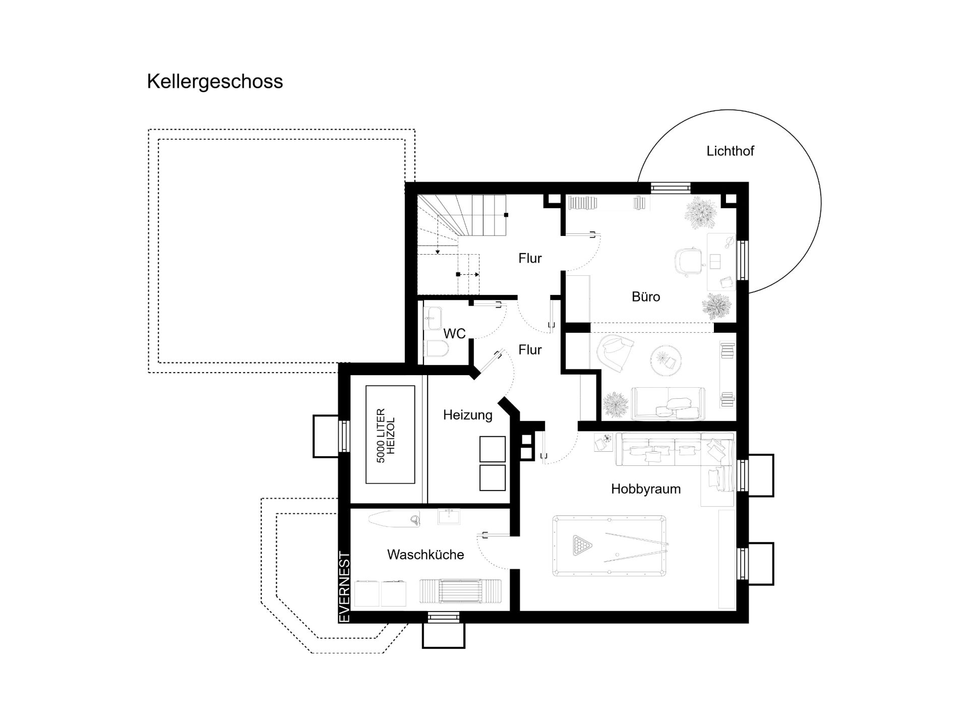 Grundriss des Kellers mit Waschküche, Hobbyraum, Büro, WC und Heizungsraum.