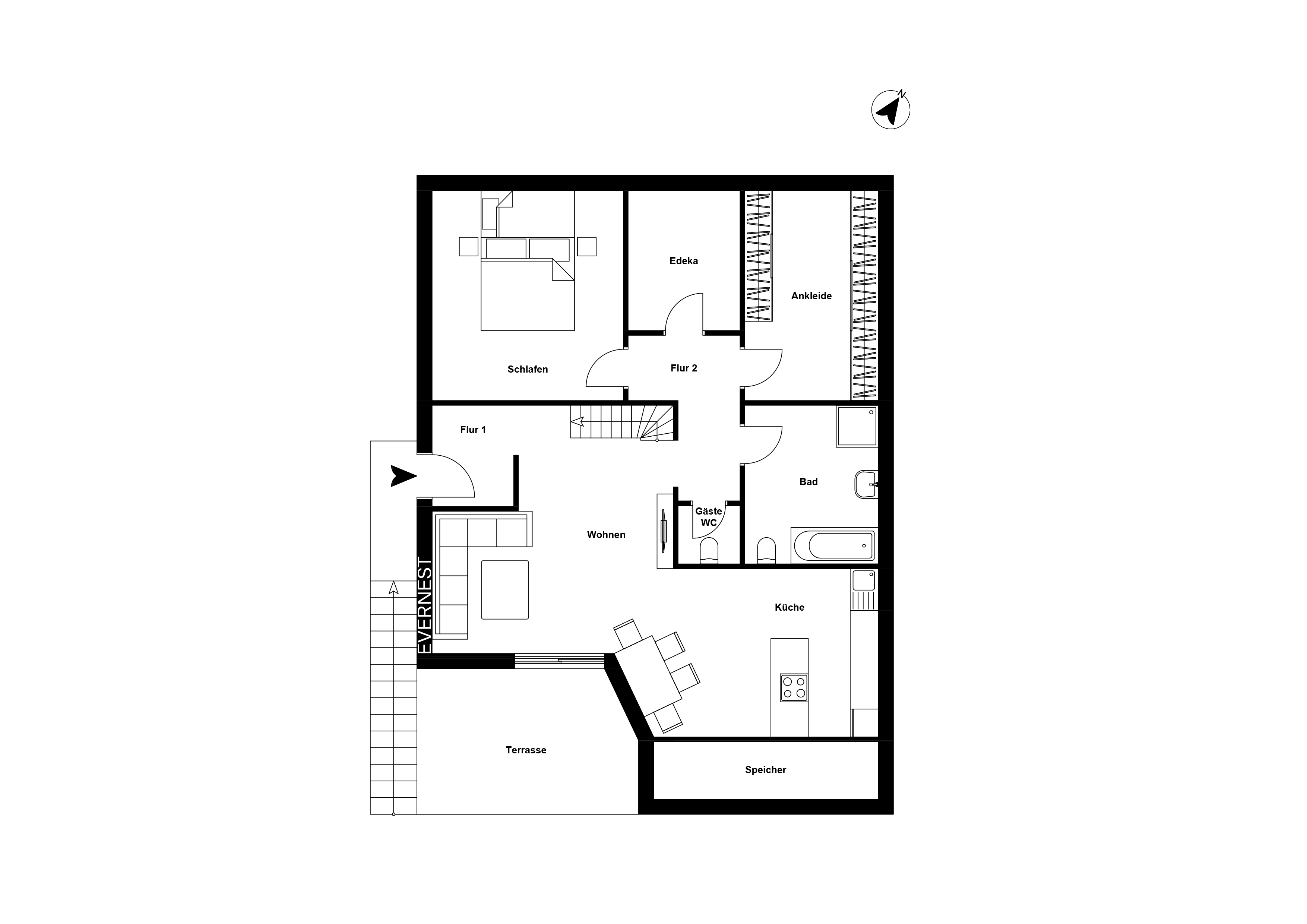 Grundriss einer Wohnung mit Wohnzimmer, Schlafzimmer, Küche, Bad, Gäste-WC und Terrasse.