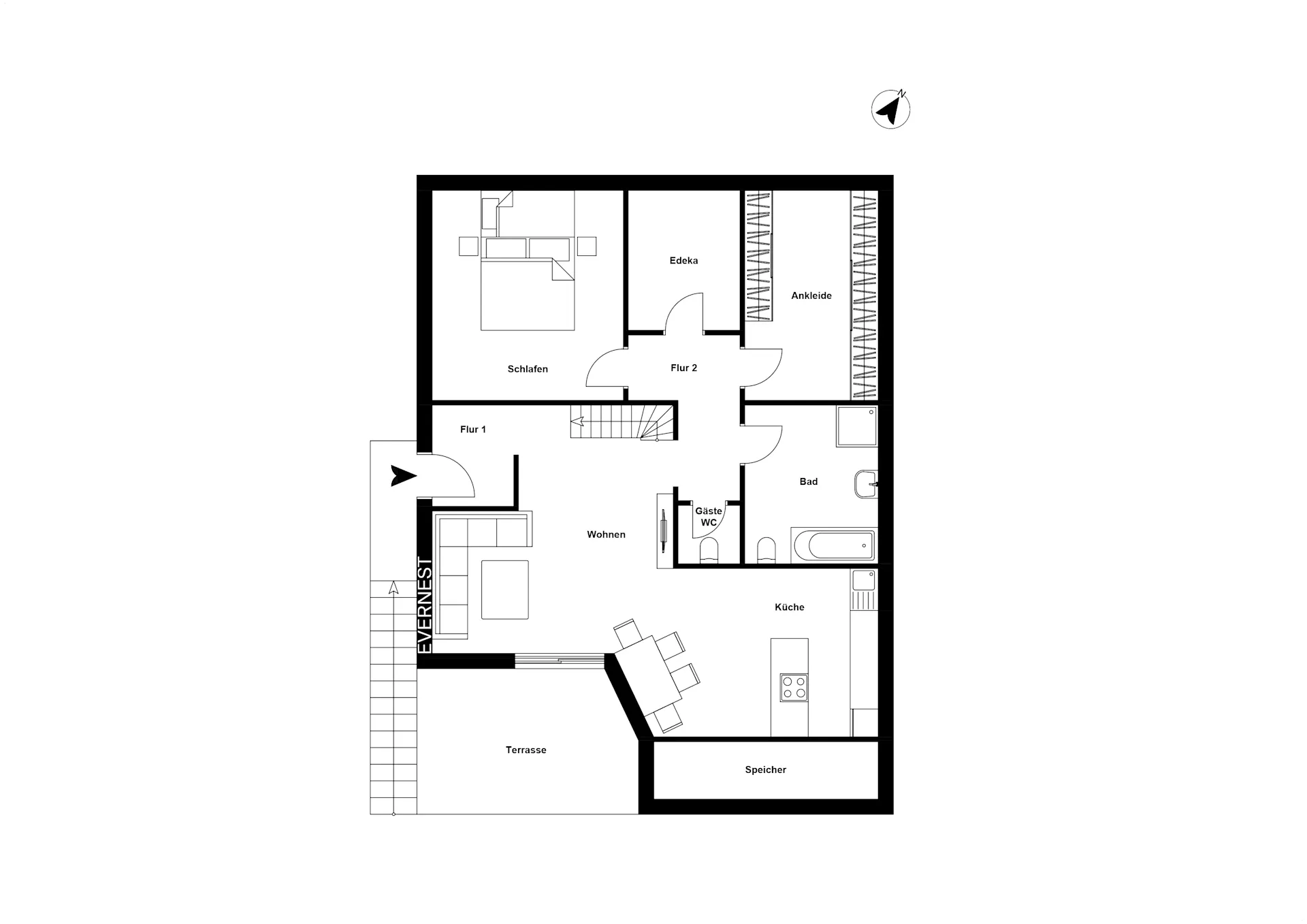 Grundriss einer Wohnung mit Wohnzimmer, Schlafzimmer, Küche, Bad, Gäste-WC und Terrasse.
