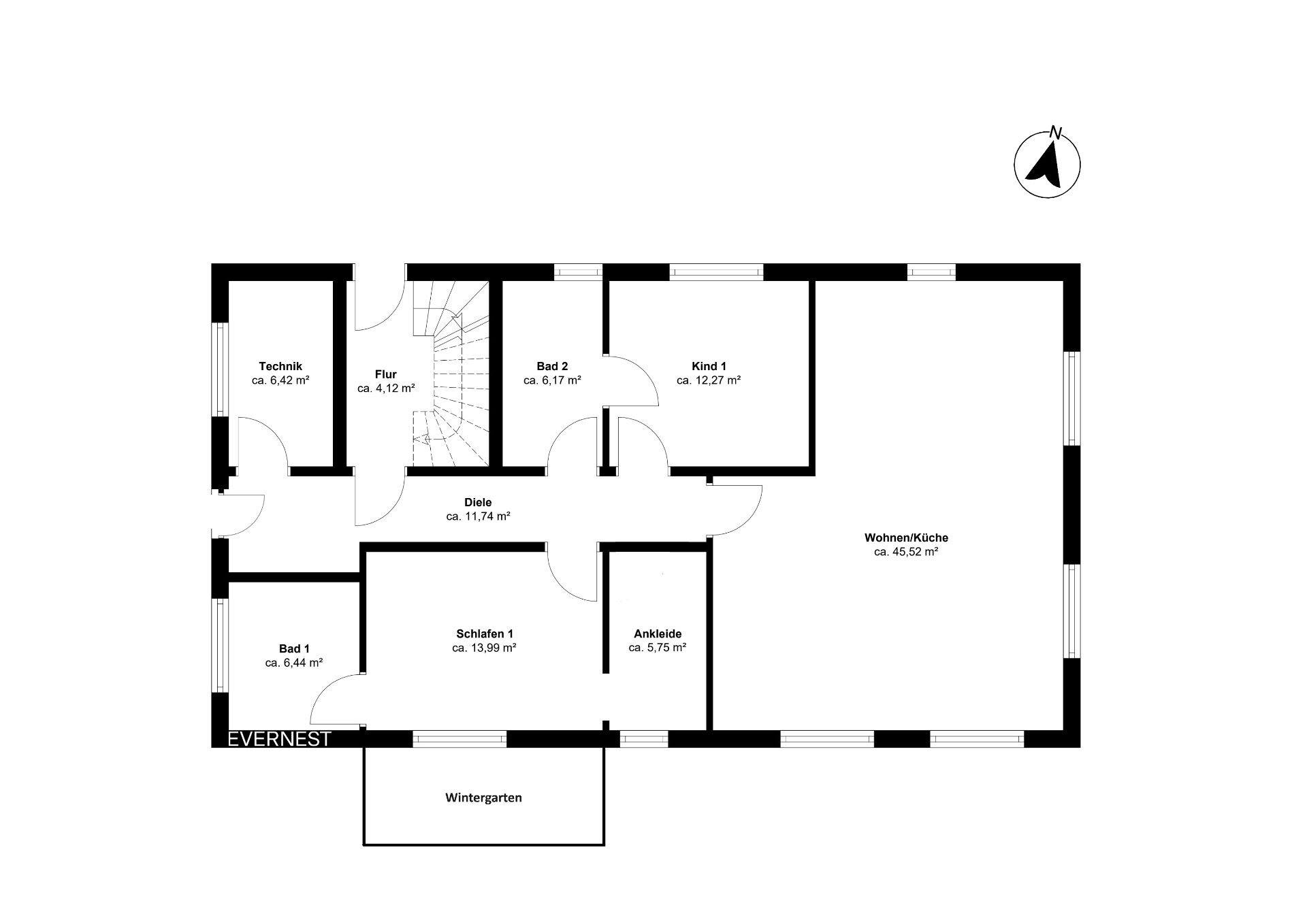 Grundriss mit Räumen wie Wohnzimmer/Küche, Schlafzimmer, Kinderzimmer und zwei Bädern.