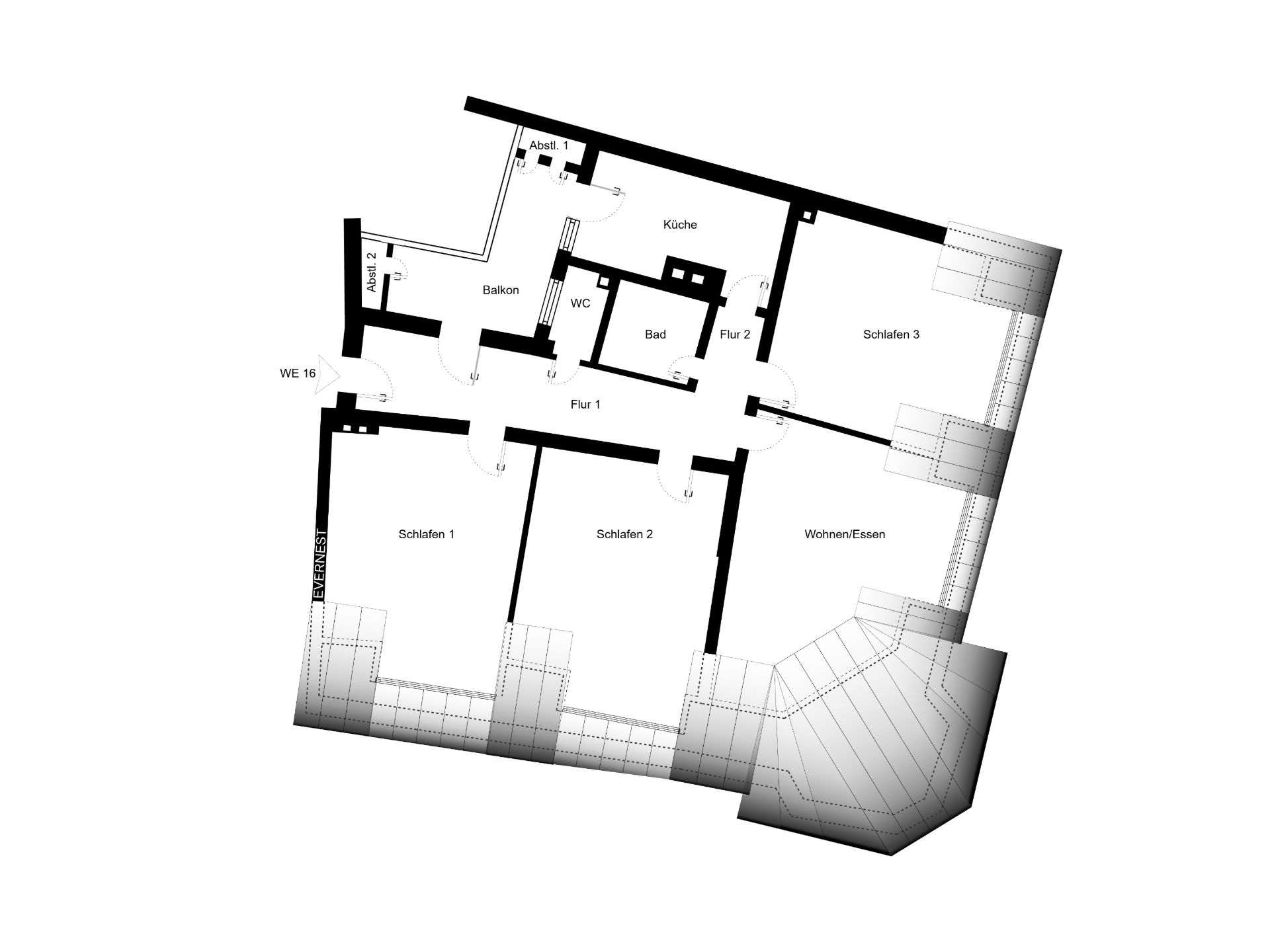 Grundriss einer Wohnung mit drei Schlafzimmern, Wohnzimmer, Küche, Bad und Balkon.