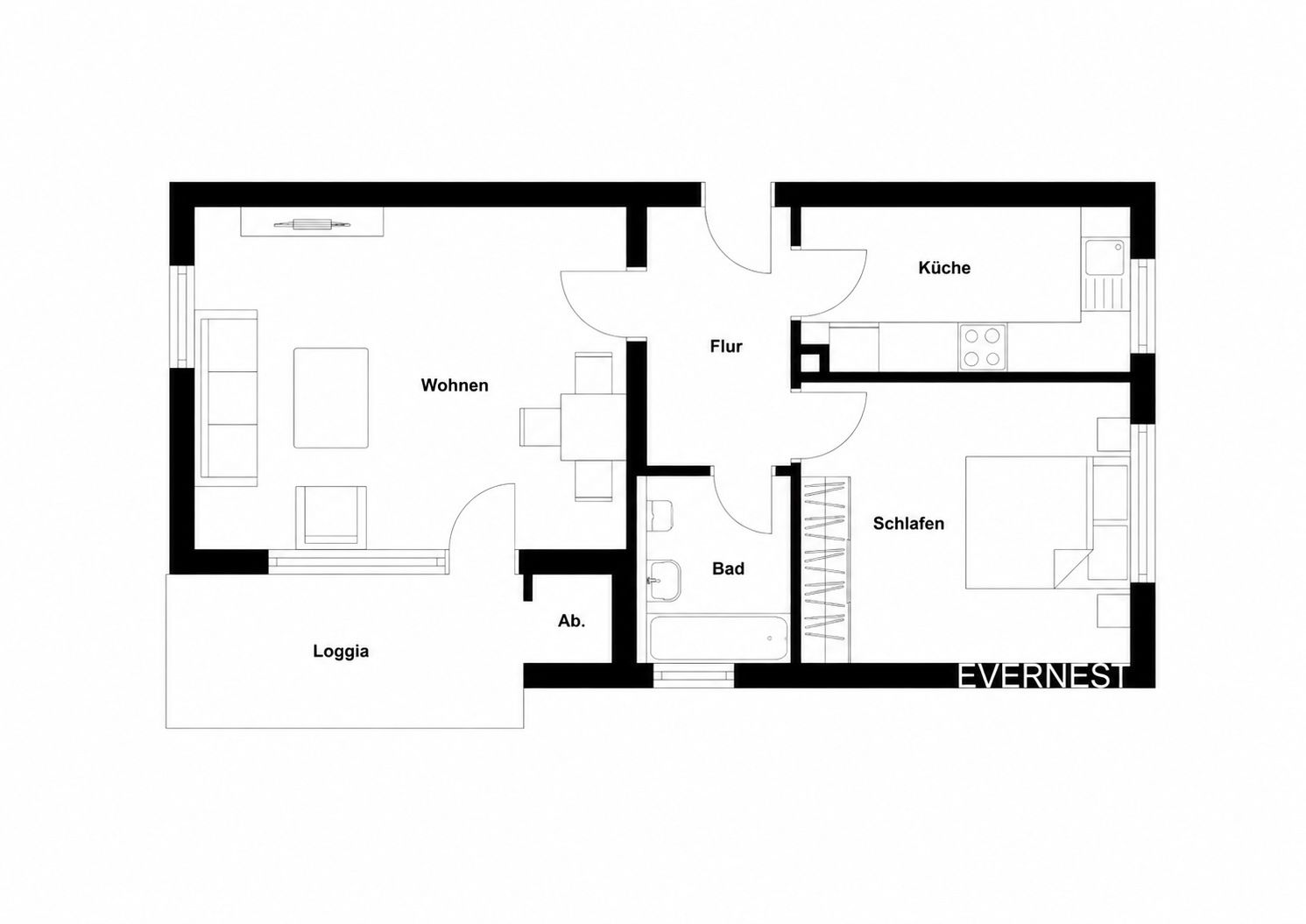 Grundriss einer Wohnung mit Wohnzimmer, Schlafzimmer, Küche, Bad, Flur und Loggia.