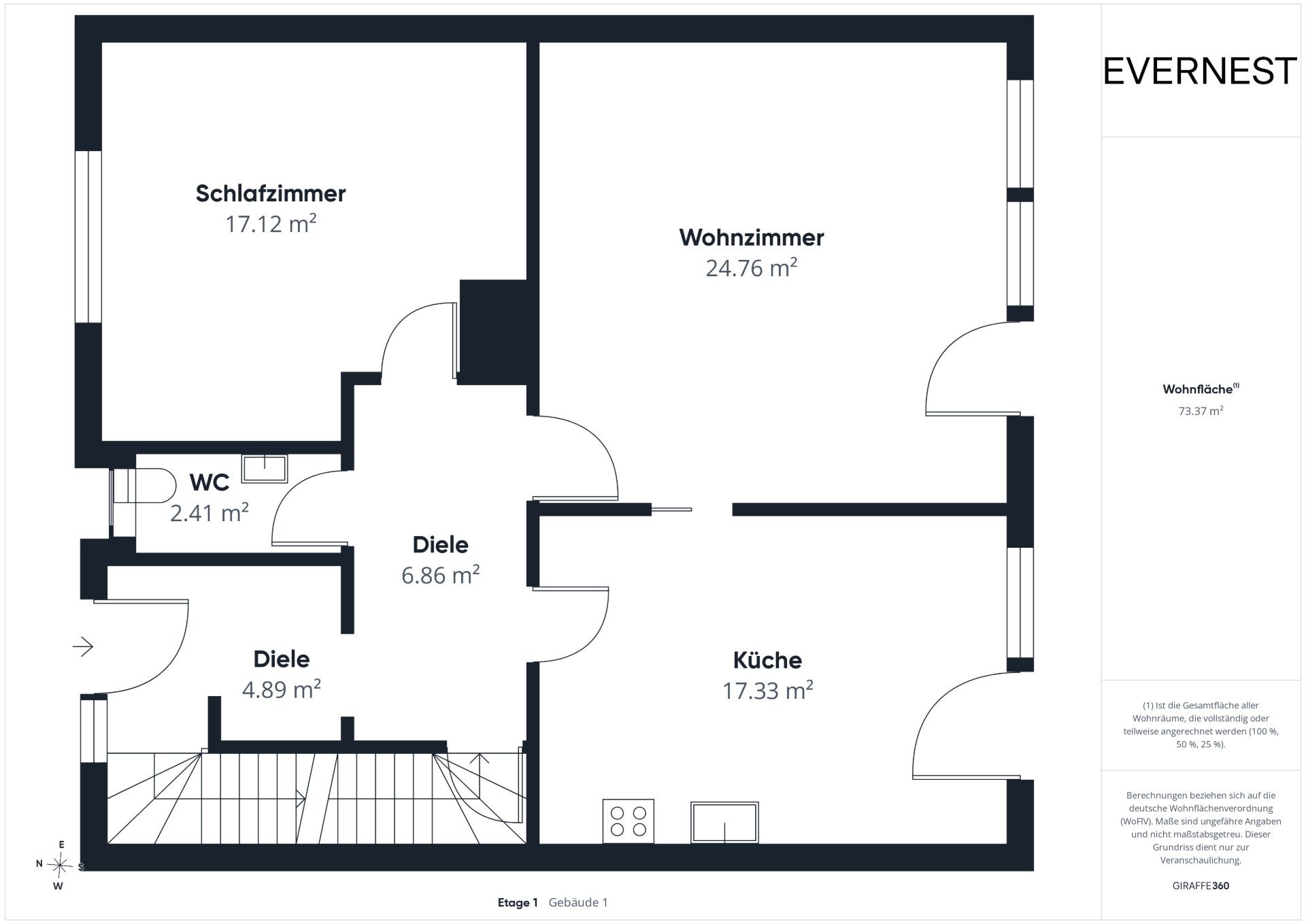 Grundriss einer Wohnung mit Schlafzimmer, Wohnzimmer, Küche, WC und zwei Dielen.