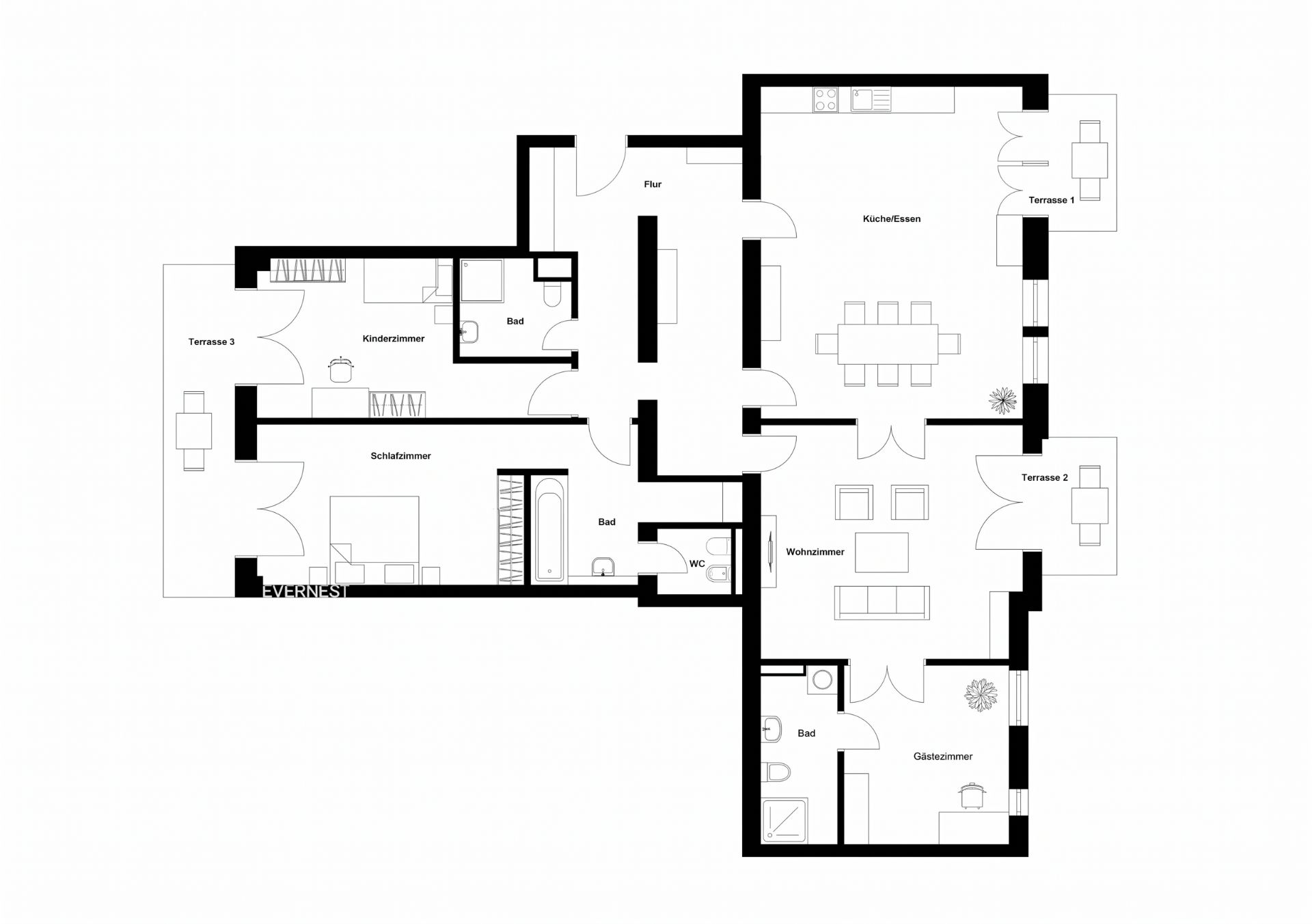 Grundriss einer Wohnung mit drei Terrassen, drei Bädern, Schlafzimmer, Kinderzimmer und Wohnzimmer.