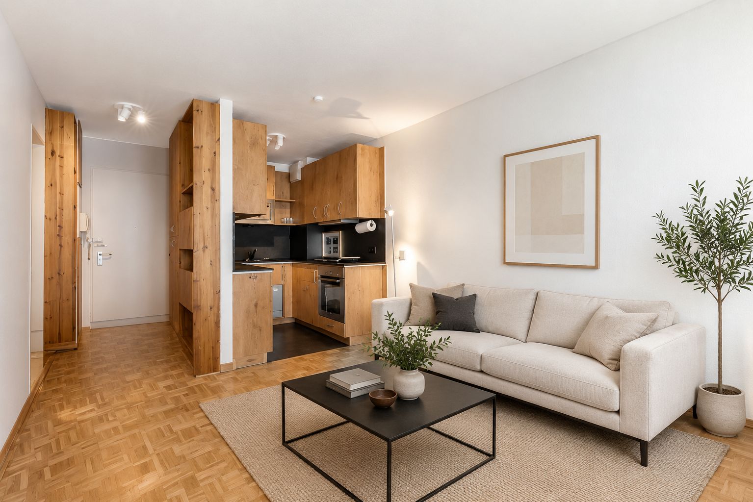 Helles Wohnzimmer mit Sofa, Couchtisch, Pflanze und offener Holzküche im Hintergrund.