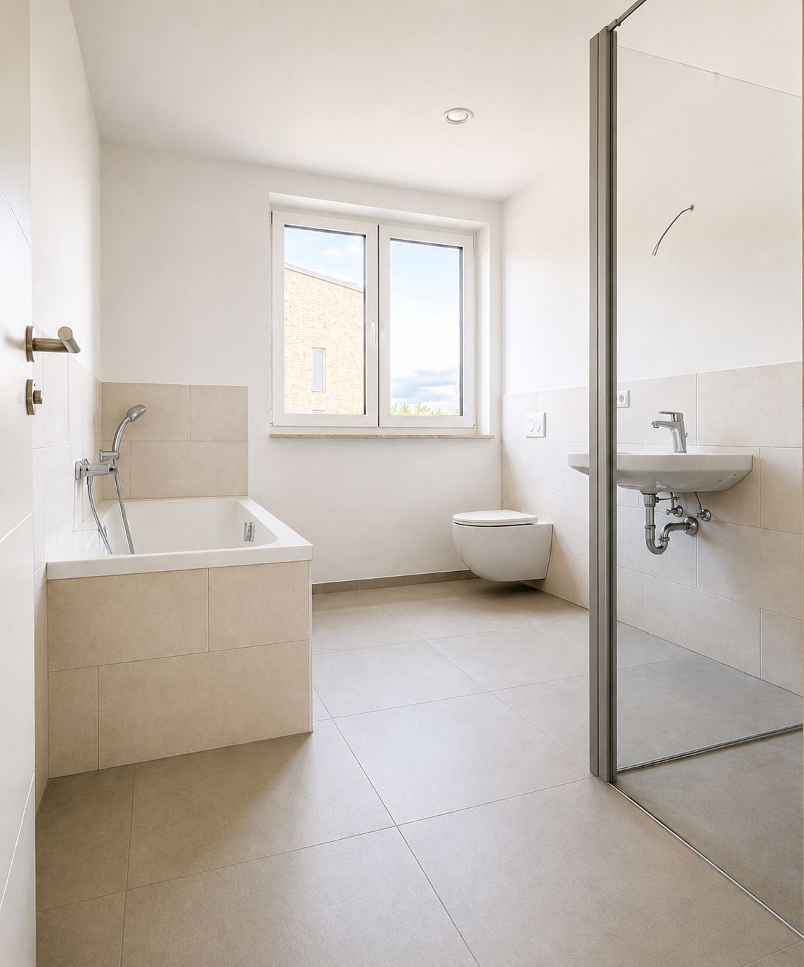 Helles Bad mit Badewanne, Dusche, WC, Waschbecken und Fenster.