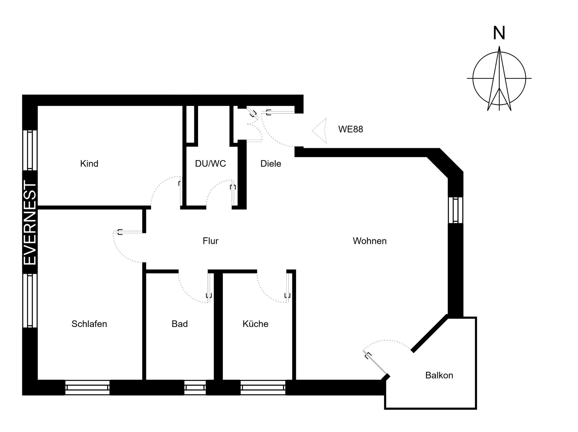 Grundriss einer Wohnung mit zwei Schlafzimmern, Wohnzimmer, Küche, Bad, WC und Balkon.