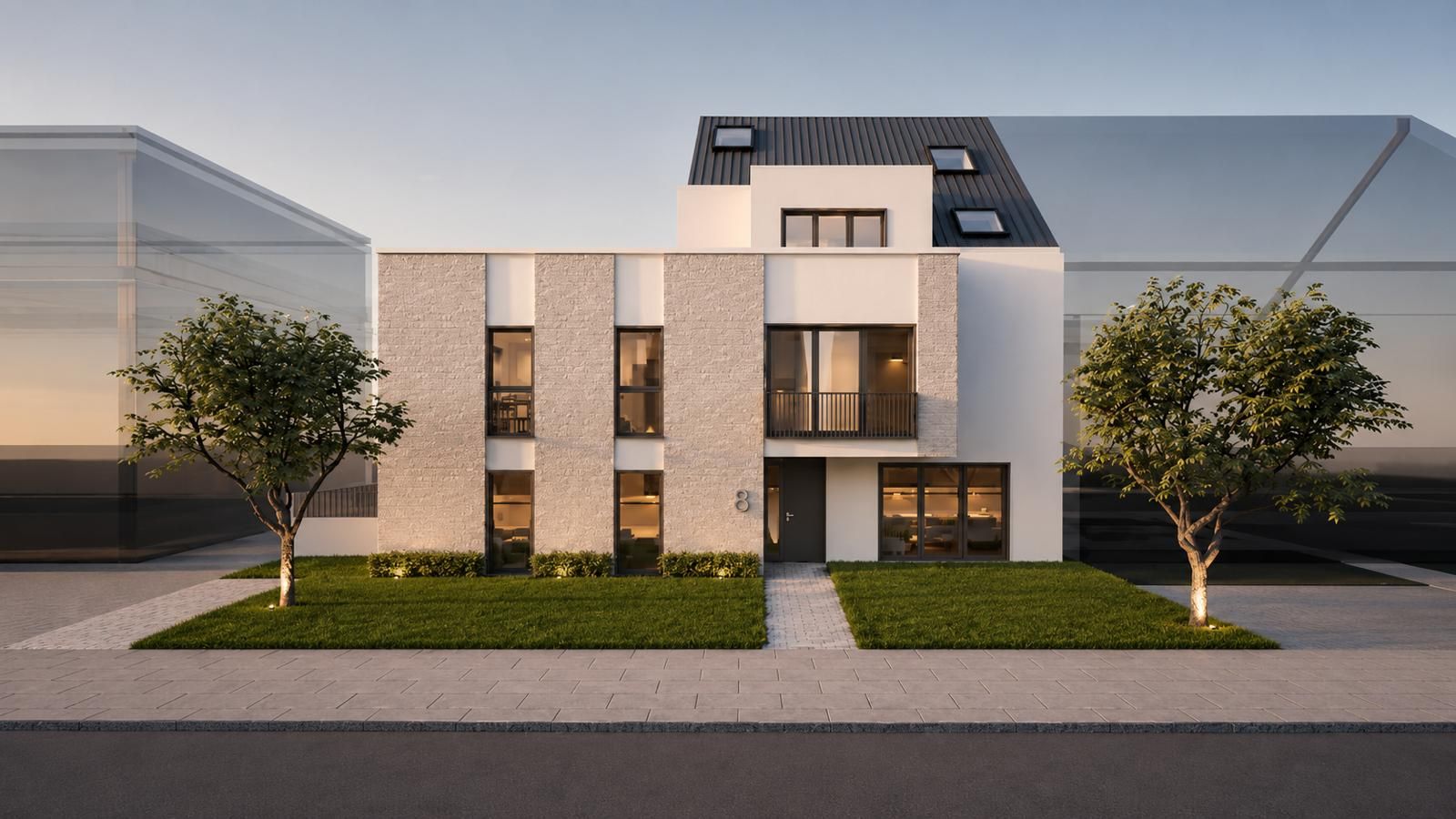 Modernes, dreistöckiges Wohnhaus mit Flachdach und zwei Bäumen im Vorgarten.